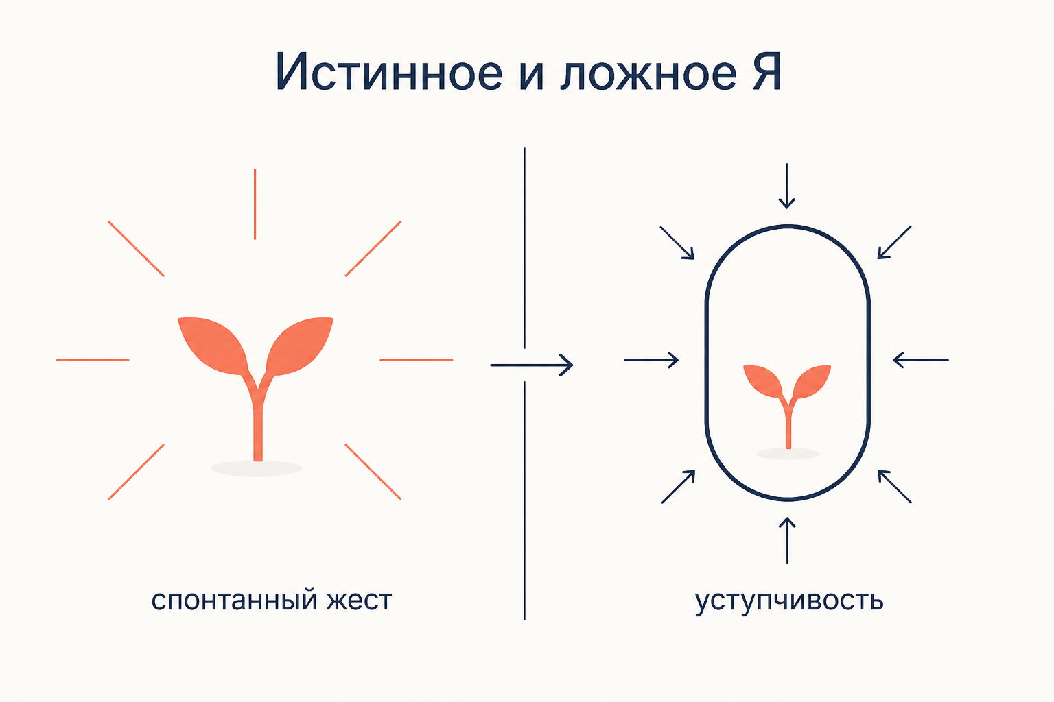 Истинное Я как спонтанный жест ребёнка и ложное Я как приспособительная оболочка, выросшая из необходимости всё время подстраиваться под среду.