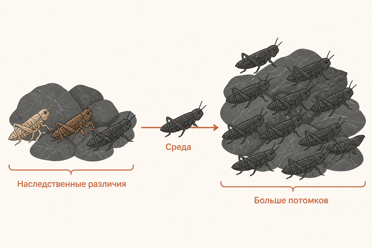 Учебная диаграмма: три варианта окраски в исходной группе, среда с тёмными камнями и больше потомков у менее заметного варианта