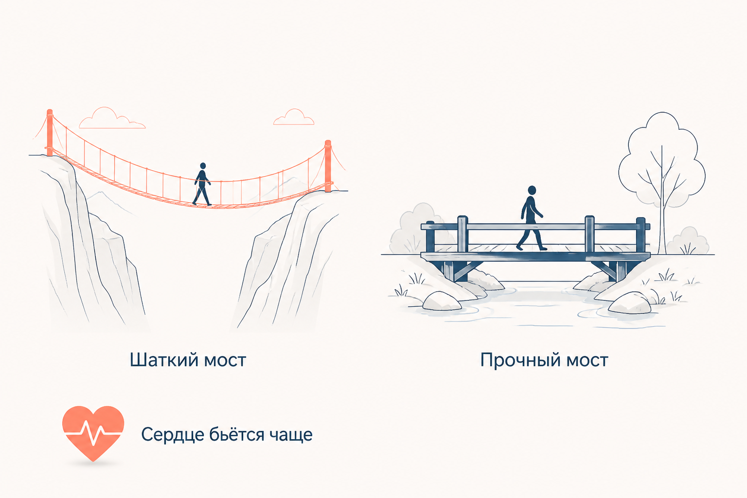 Опыт Даттона и Арона: на шатком подвесном мосту сердце бьётся чаще, и это возбуждение легко принять за симпатию, а на прочном мосту такого эффекта нет