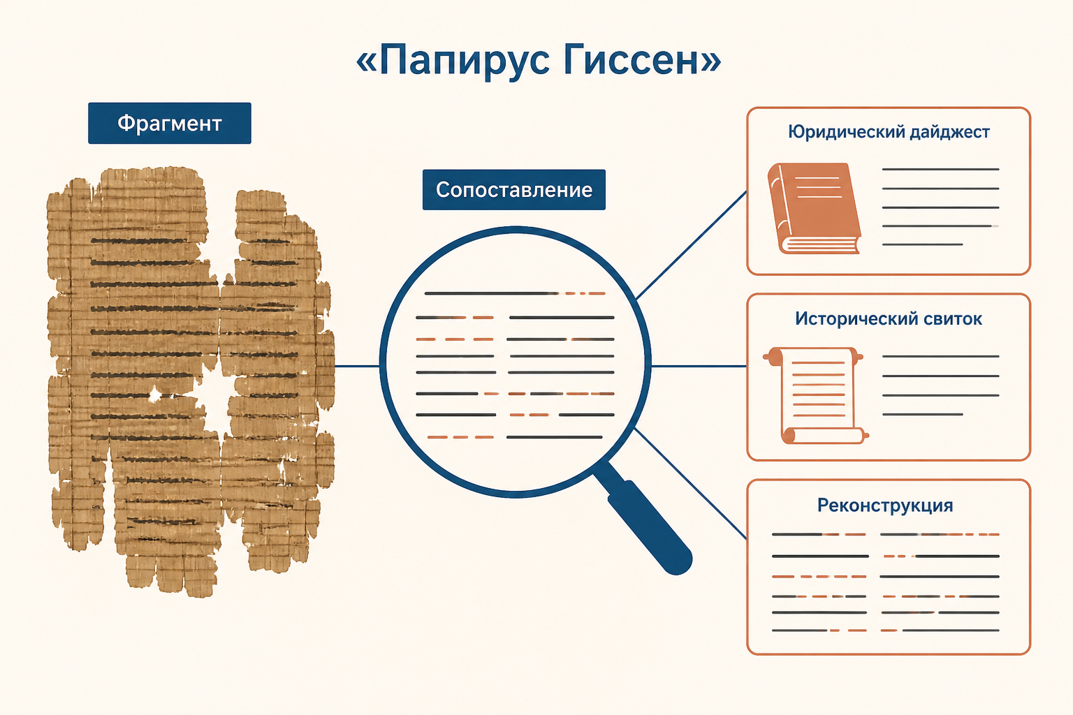 Схема работы с папирусом Гиссен: фрагмент сопоставляют с юридическими и историческими свидетельствами