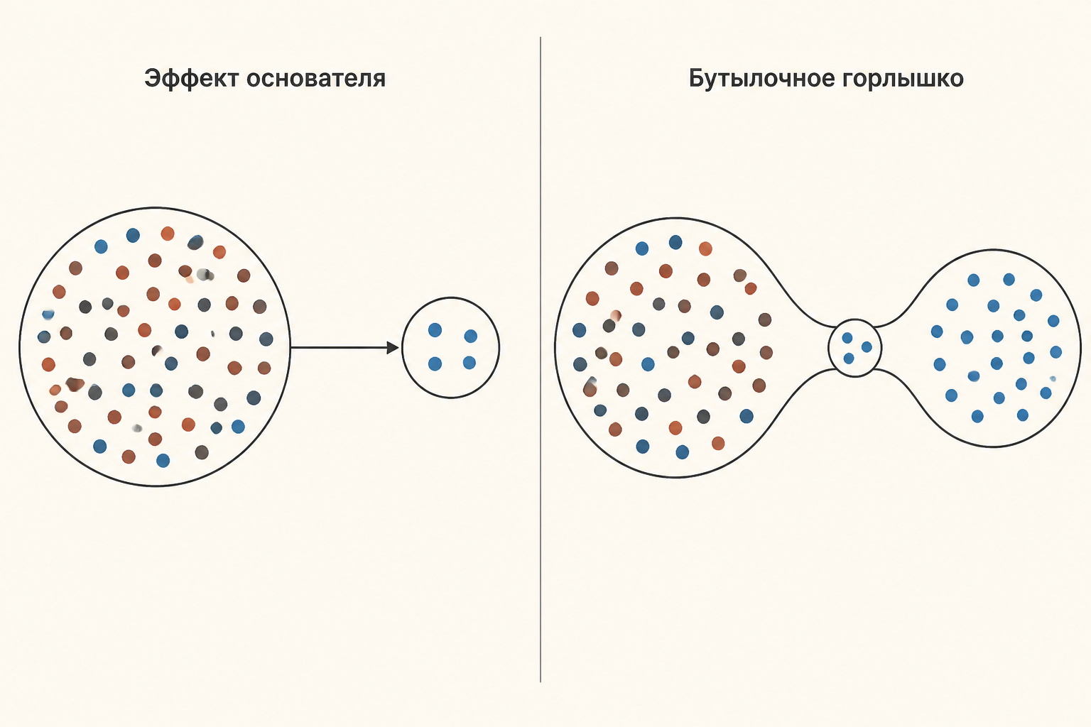 Схема: слева исходная популяция остаётся целой и отделяет от себя маленькую группу основателей, справа та же популяция сжимается через узкое горлышко и восстанавливается уже обеднённой