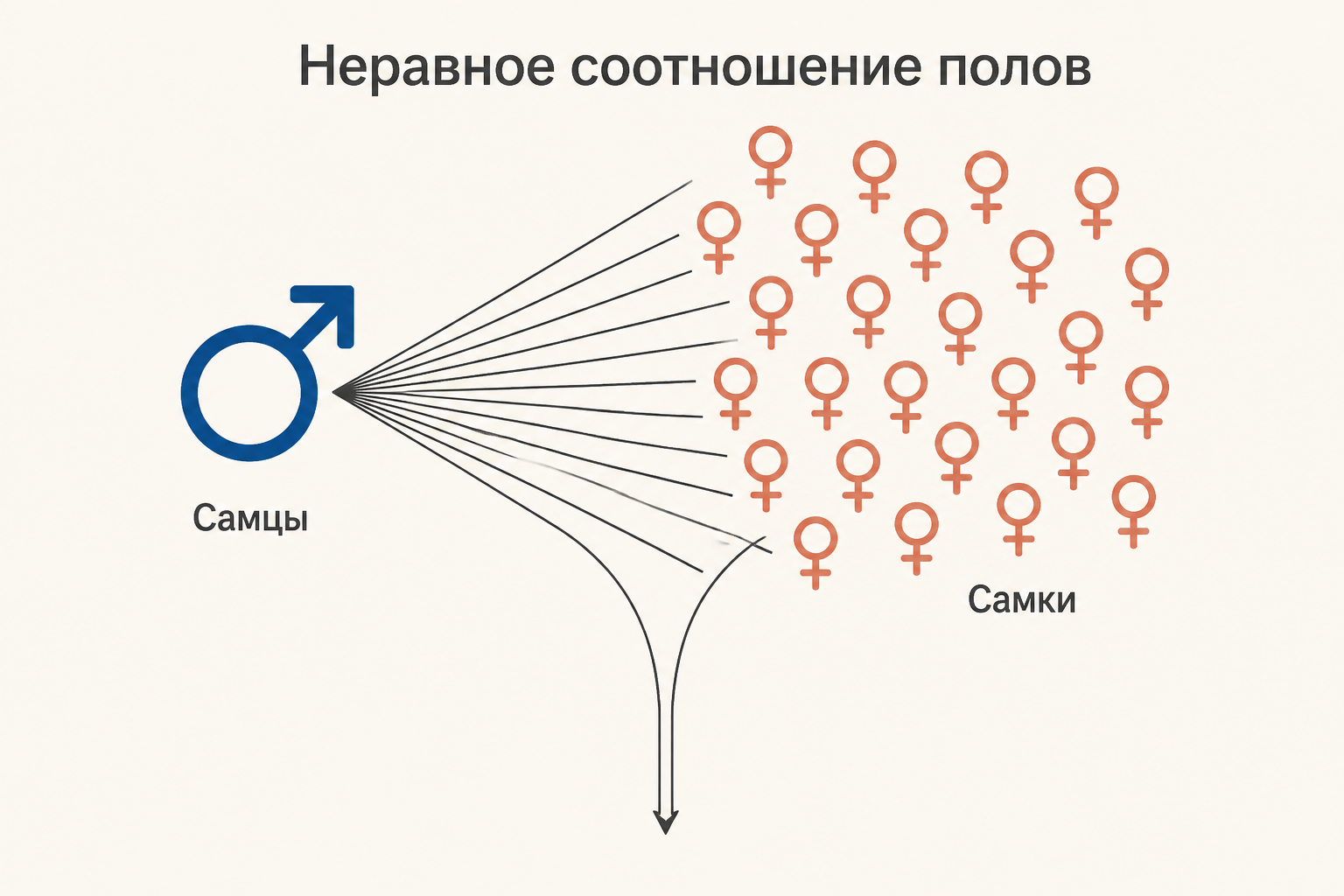 Один самец и многочисленные самки: гены следующего поколения проходят через узкое звено самцов, поэтому Ne меньше числа особей