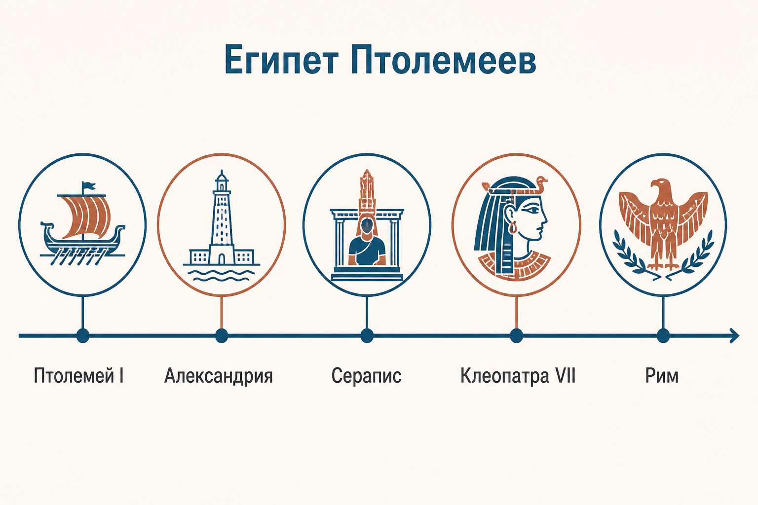 Хронологическая лента Египта Птолемеев: Птолемей I, Александрия, Серапис, Клеопатра VII и переход к Риму