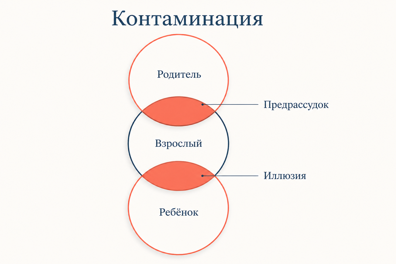 Контаминация: круг Взрослого перекрыт кругами Родителя и Ребёнка, зоны предрассудка и иллюзии