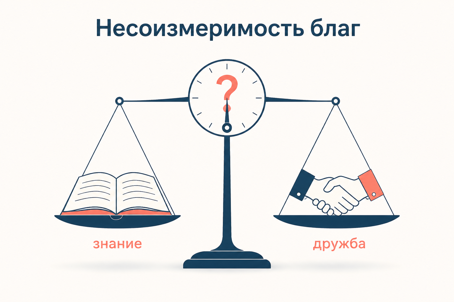Весы: на одной чаше книга с подписью «знание», на другой рукопожатие с подписью «дружба», стрелка показывает вопрос, потому что у базовых благ нет общей меры