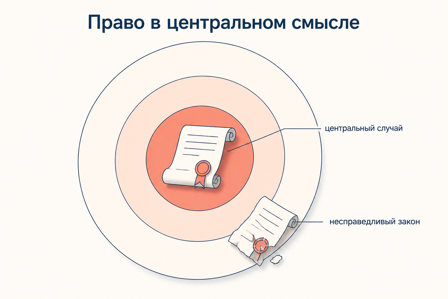 Мишень из трёх кругов: в центре аккуратный свиток с подписью «центральный случай», на бледном краю разорванный свиток с подписью «несправедливый закон»
