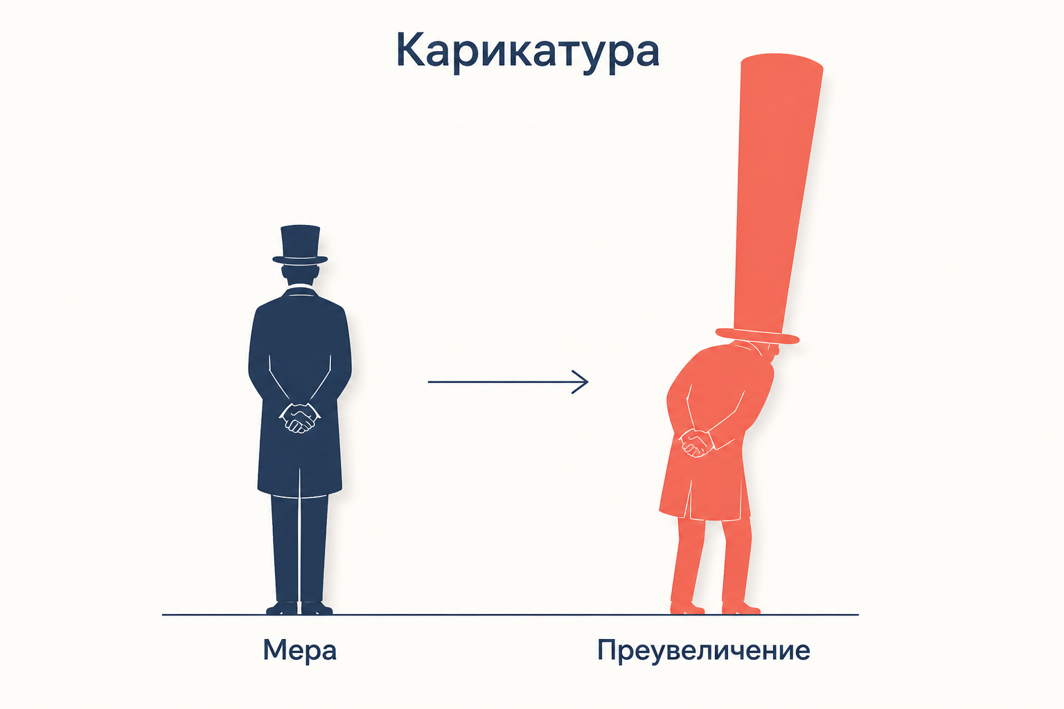 Карикатура по Розенкранцу: фигура в соразмерном цилиндре рядом с той же фигурой, чей цилиндр выше её роста