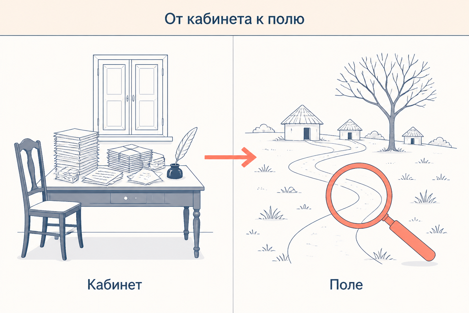 От кабинета к полю: слева письменный стол со стопками чужих отчётов, писем и чернильницей, справа тропа к деревенским хижинам и лупа над ней