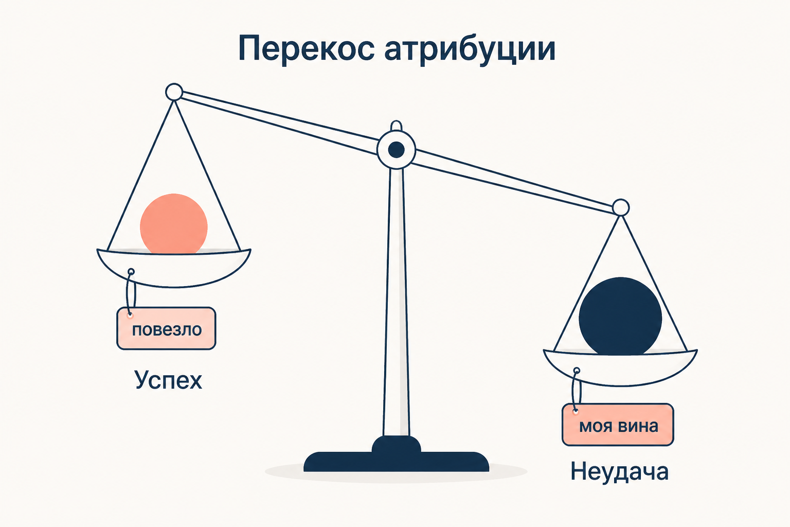 Весы перекоса атрибуции: лёгкая чаша успеха с ярлыком повезло взлетает вверх, а тяжёлая чаша неудачи с ярлыком моя вина перевешивает