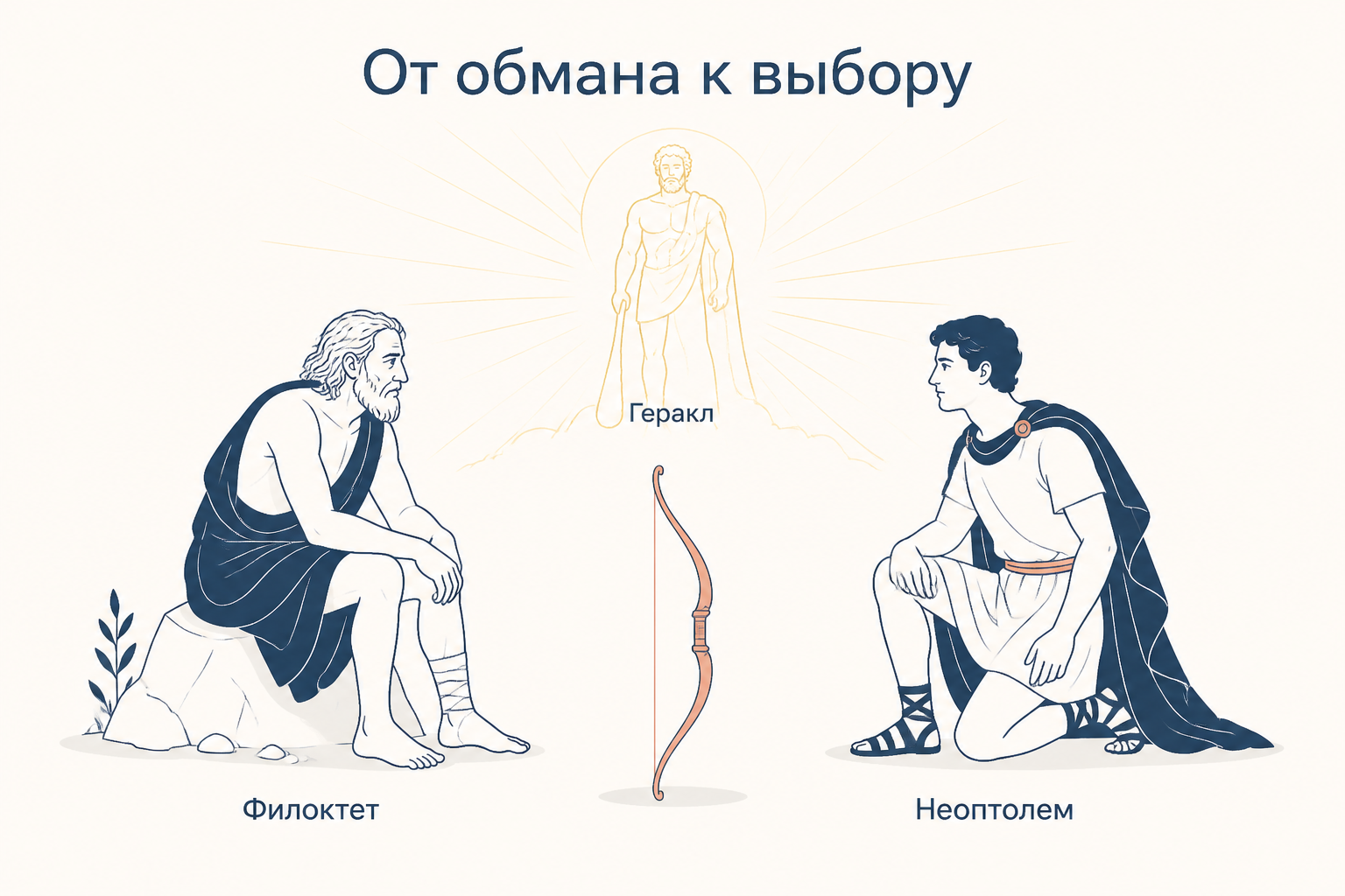 Филоктет и Неоптолем: от обмана к возвращению лука и решению Геракла