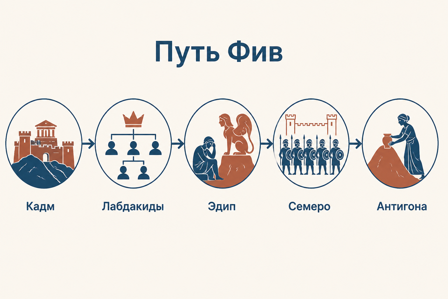 Схема Фиванского цикла от Кадма к роду Лабдакидов и Антигоне