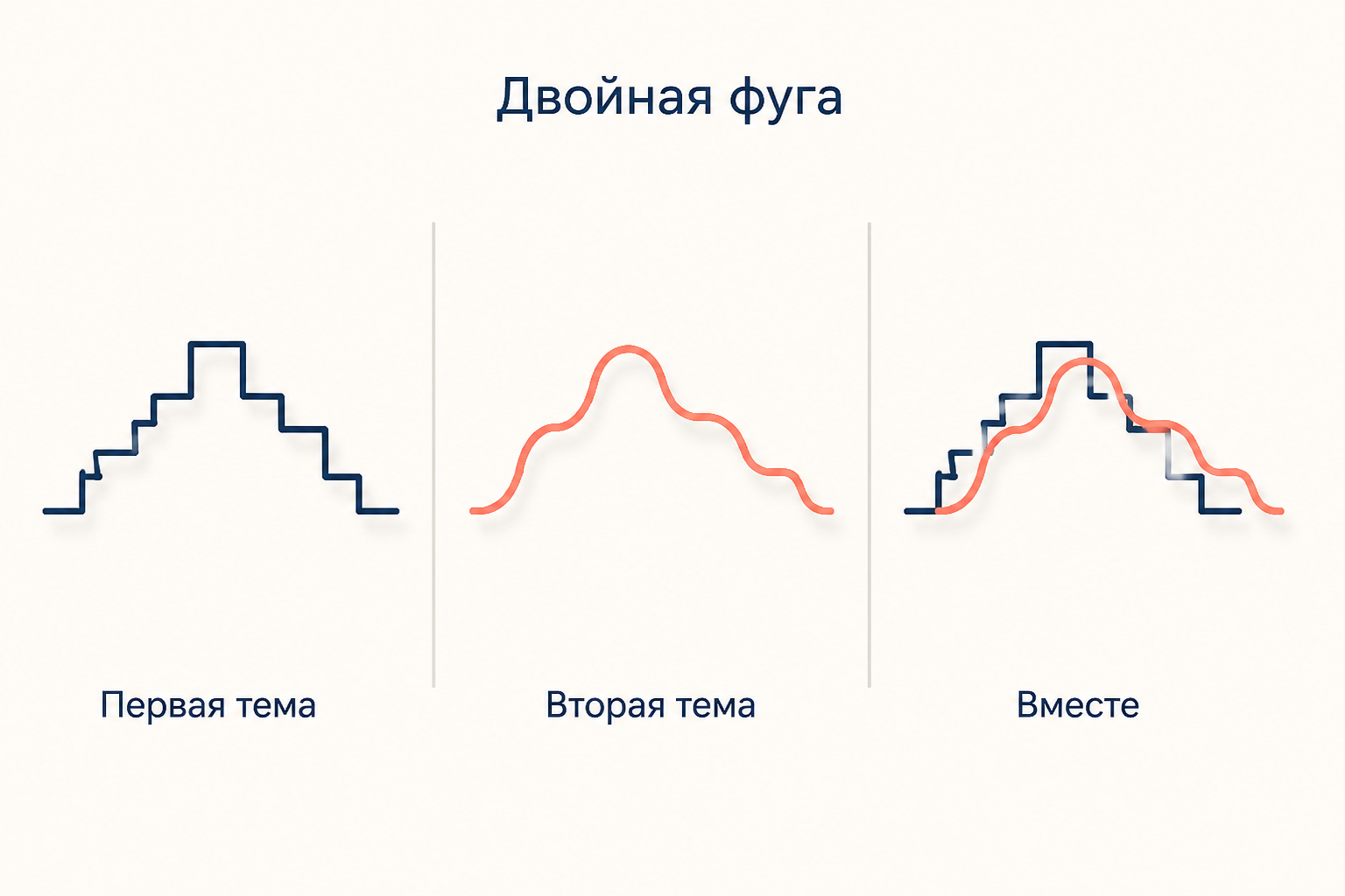 Схема двойной фуги: две разные темы сначала показаны по отдельности, затем звучат одновременно.