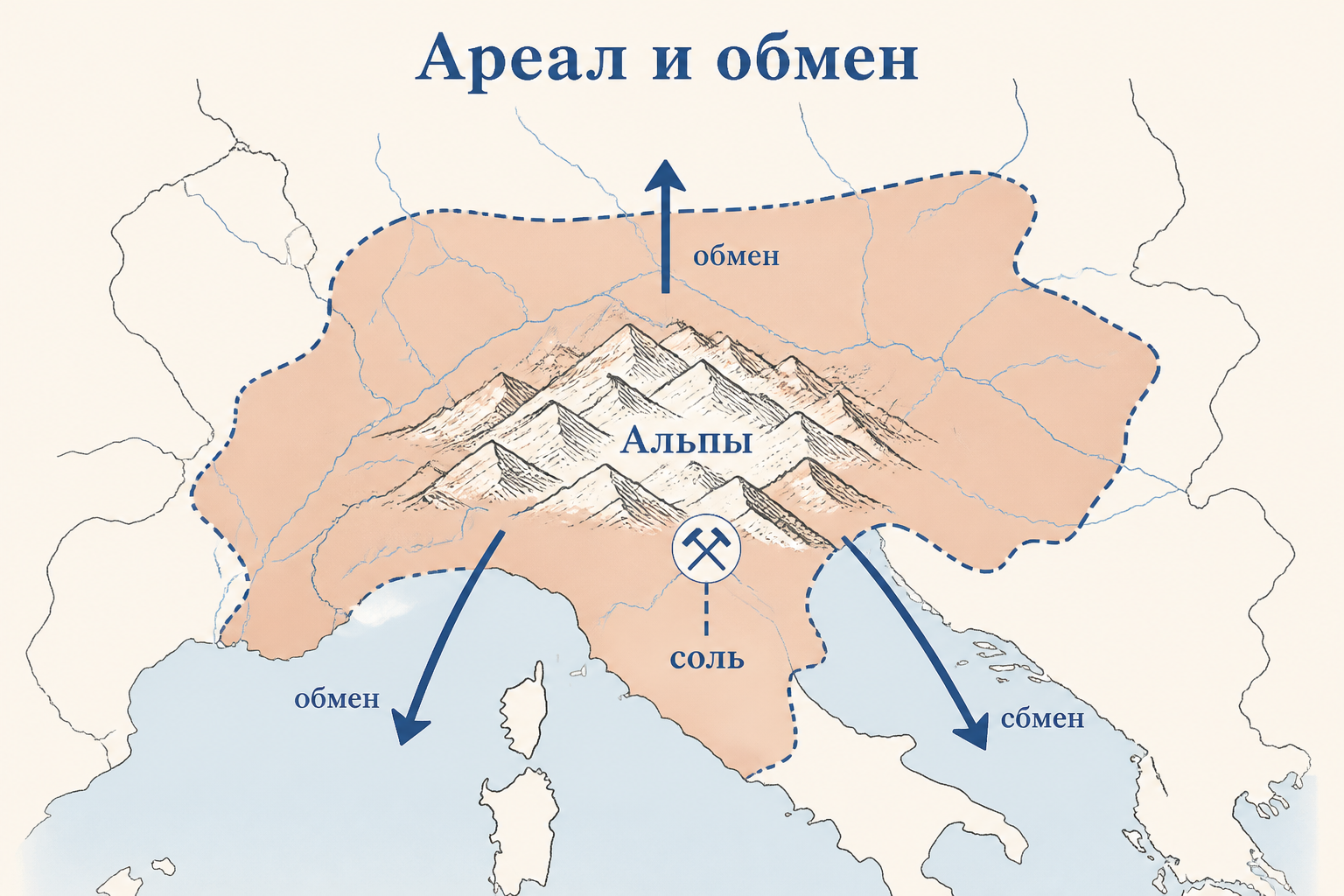 Карта ареала гальштатской культуры от Альп до Центральной Европы с отмеченными зонами соли и торговых путей