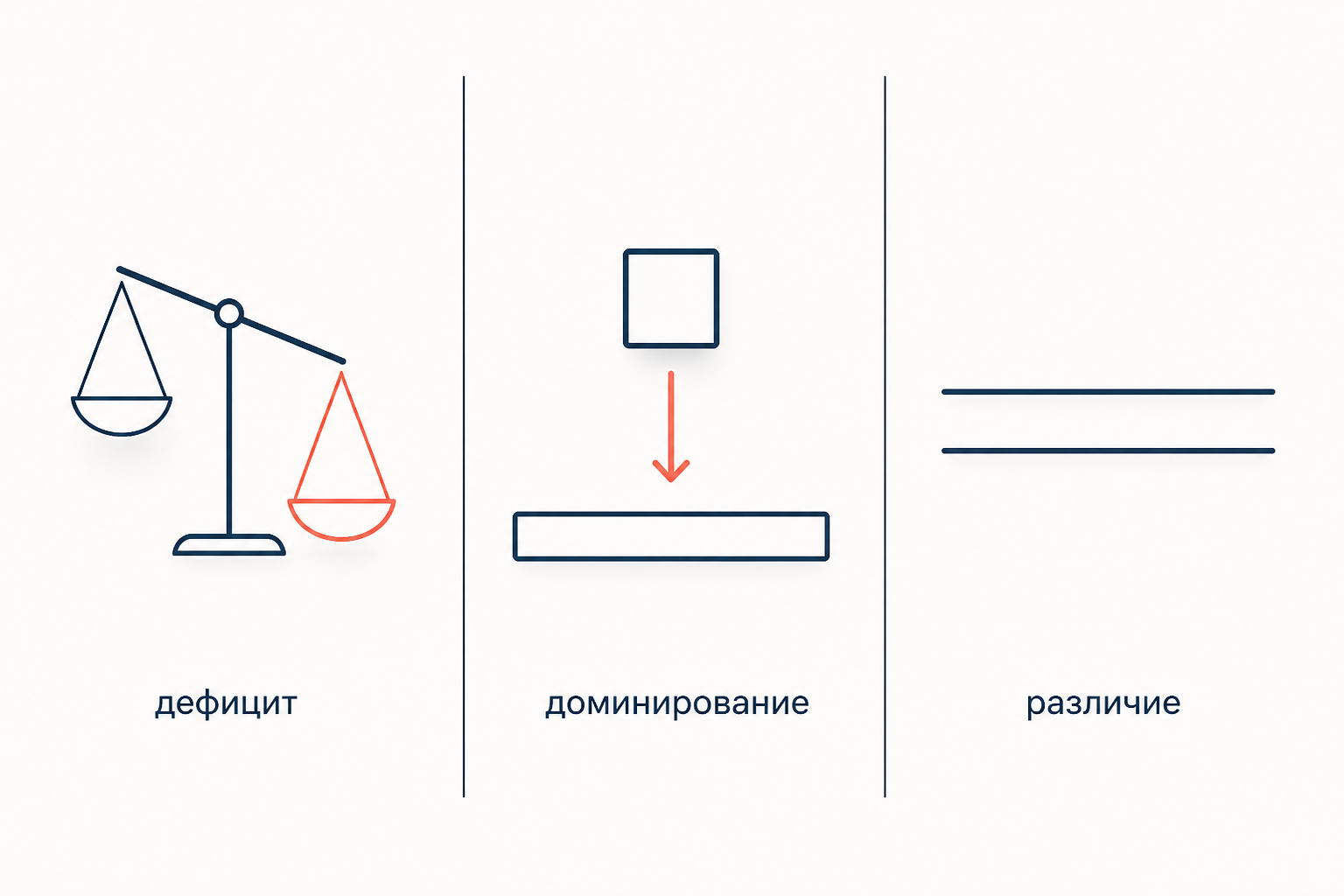 Три панели с простыми пиктограммами: неравные весы, вертикальная иерархия и две параллельные линии
