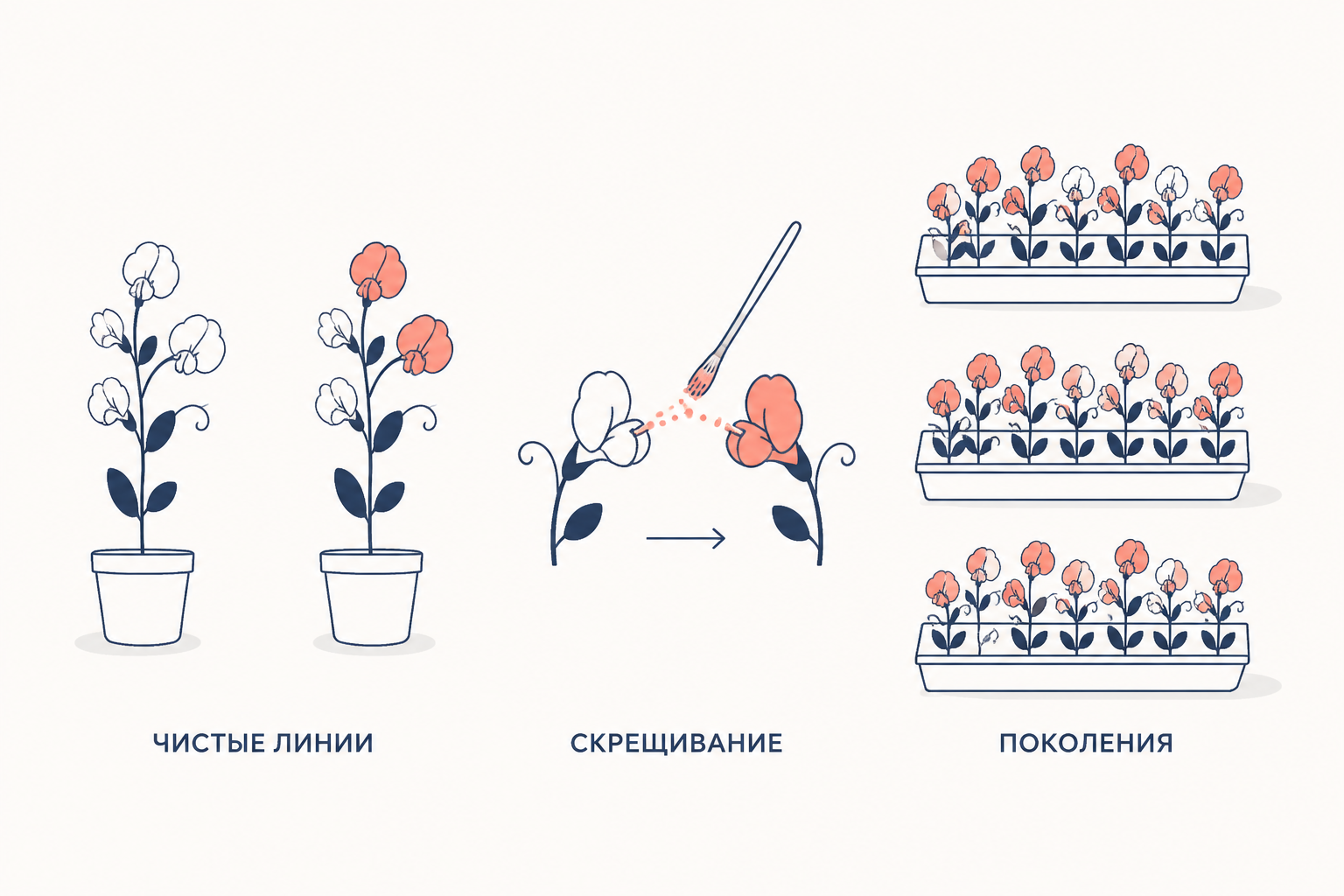 Схема контролируемого скрещивания: чистые линии, перенос пыльцы и отдельный учёт поколений