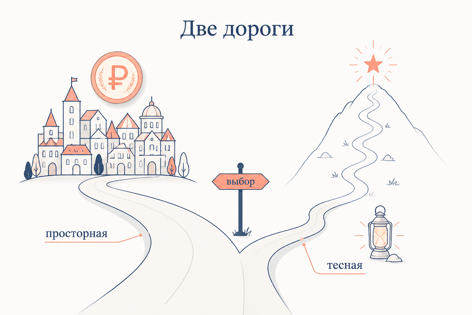 Развилка двух дорог: просторная торная и тесная честная как нравственный выбор героя