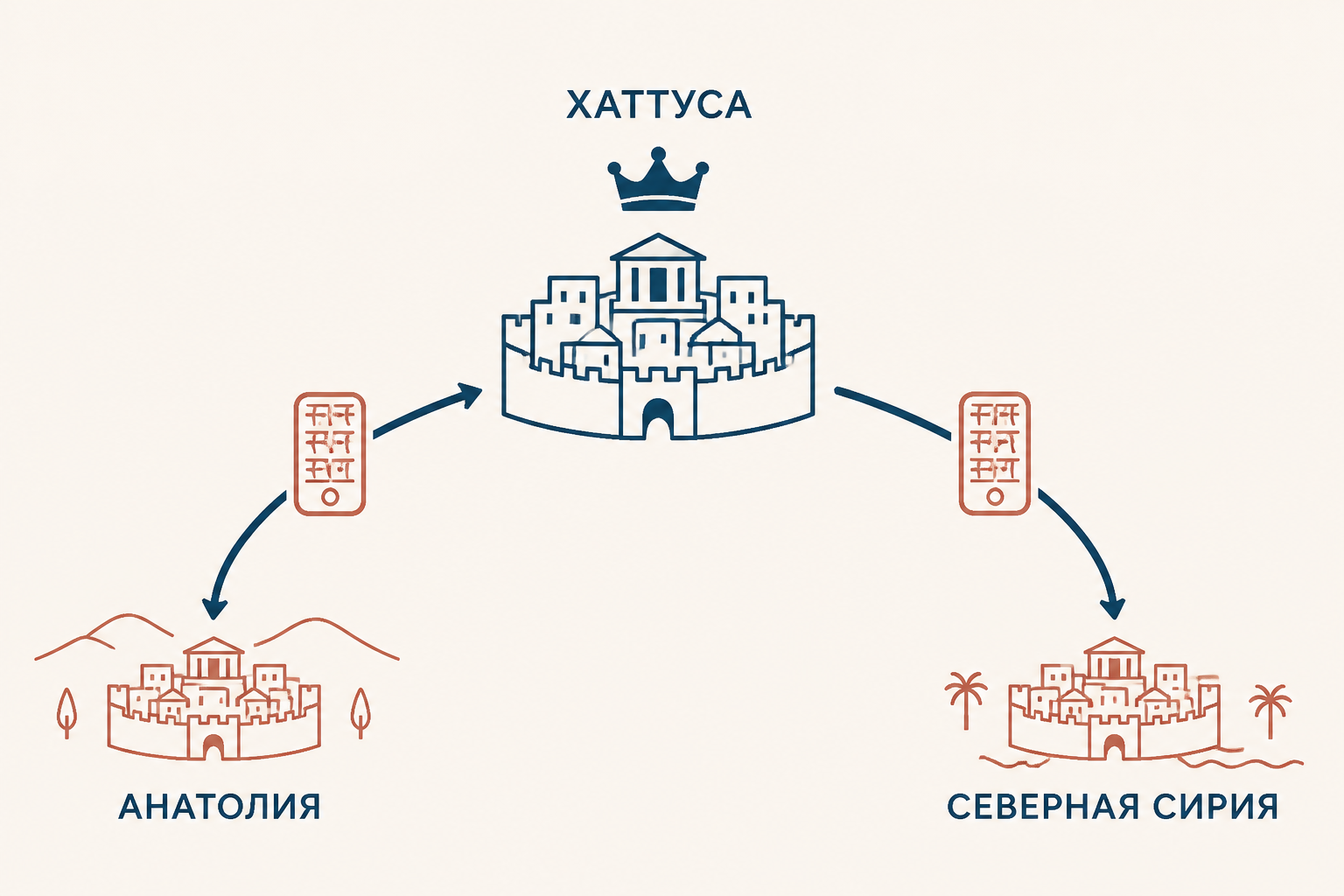 Схема хеттской державы: Хаттуса в центре, стрелки к Анатолии и Северной Сирии, рядом знак договоров с зависимыми царствами