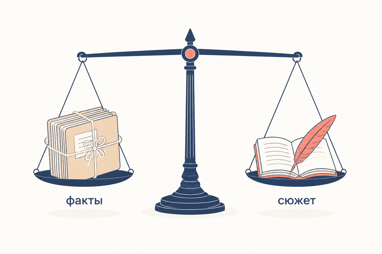 Весы: папки архивных документов с подписью факты и открытая книга с пером с подписью сюжет, чаши почти уравновешены