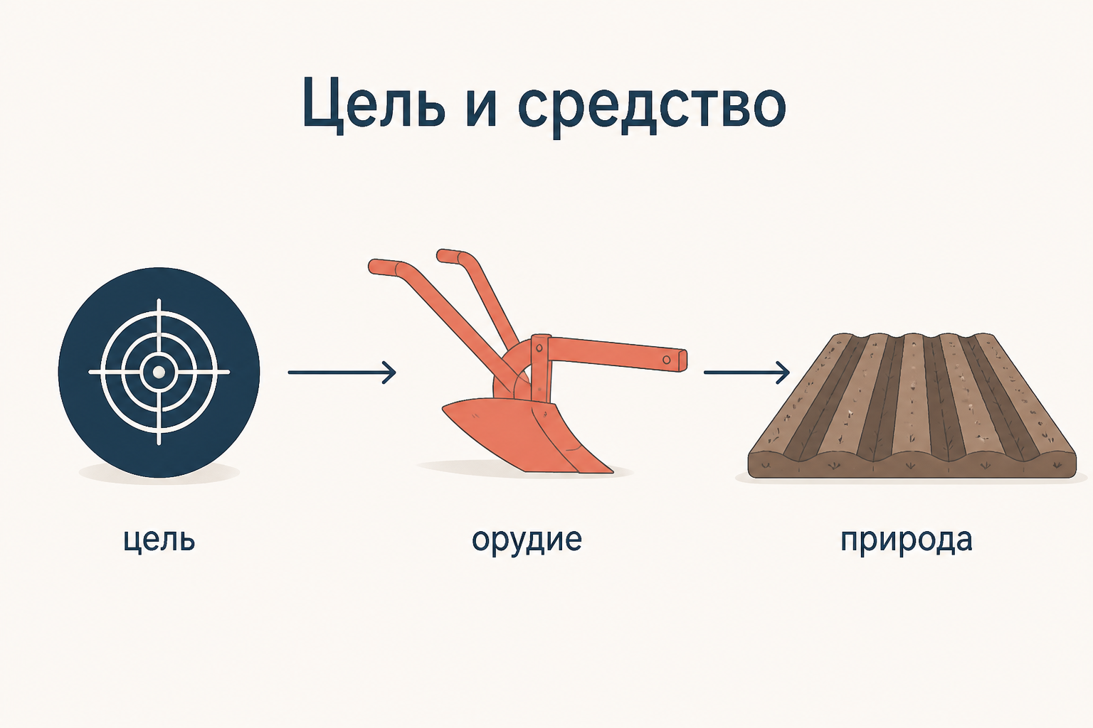 Схема телеологии Гегеля: цель действует на природу не прямо, а через вставленное между ними орудие