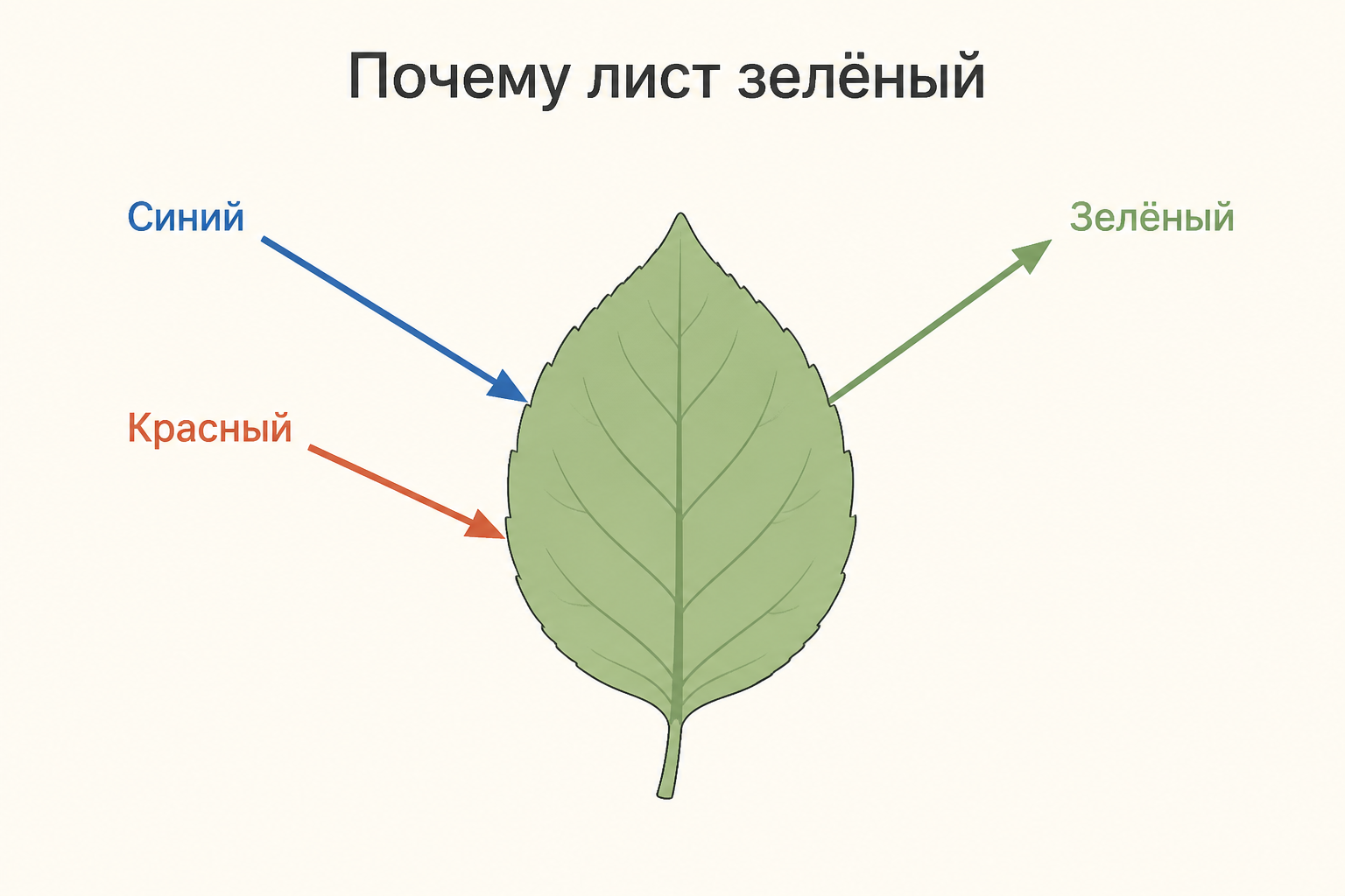 Пучок белого света на листе: синие и красные лучи поглощаются, зелёные отражаются