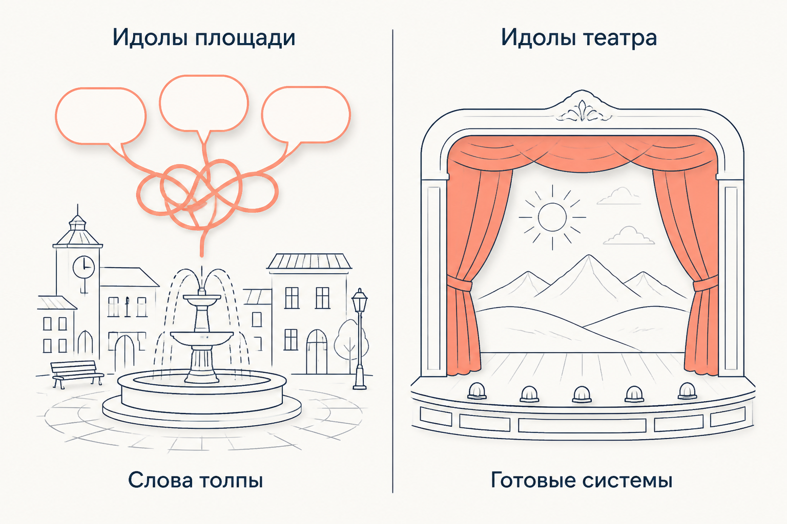 Две сцены: площадь с переплетёнными речевыми лентами и театральная сцена с занавесом, подписанные как идолы площади и идолы театра