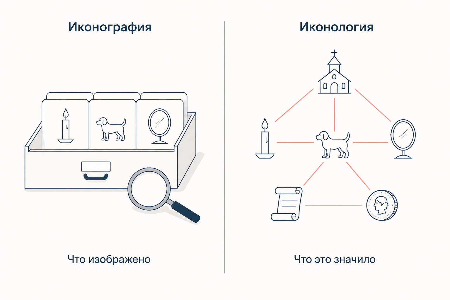 Слева картотека мотивов и вопрос «что изображено», справа сеть связей и вопрос «что это значило»