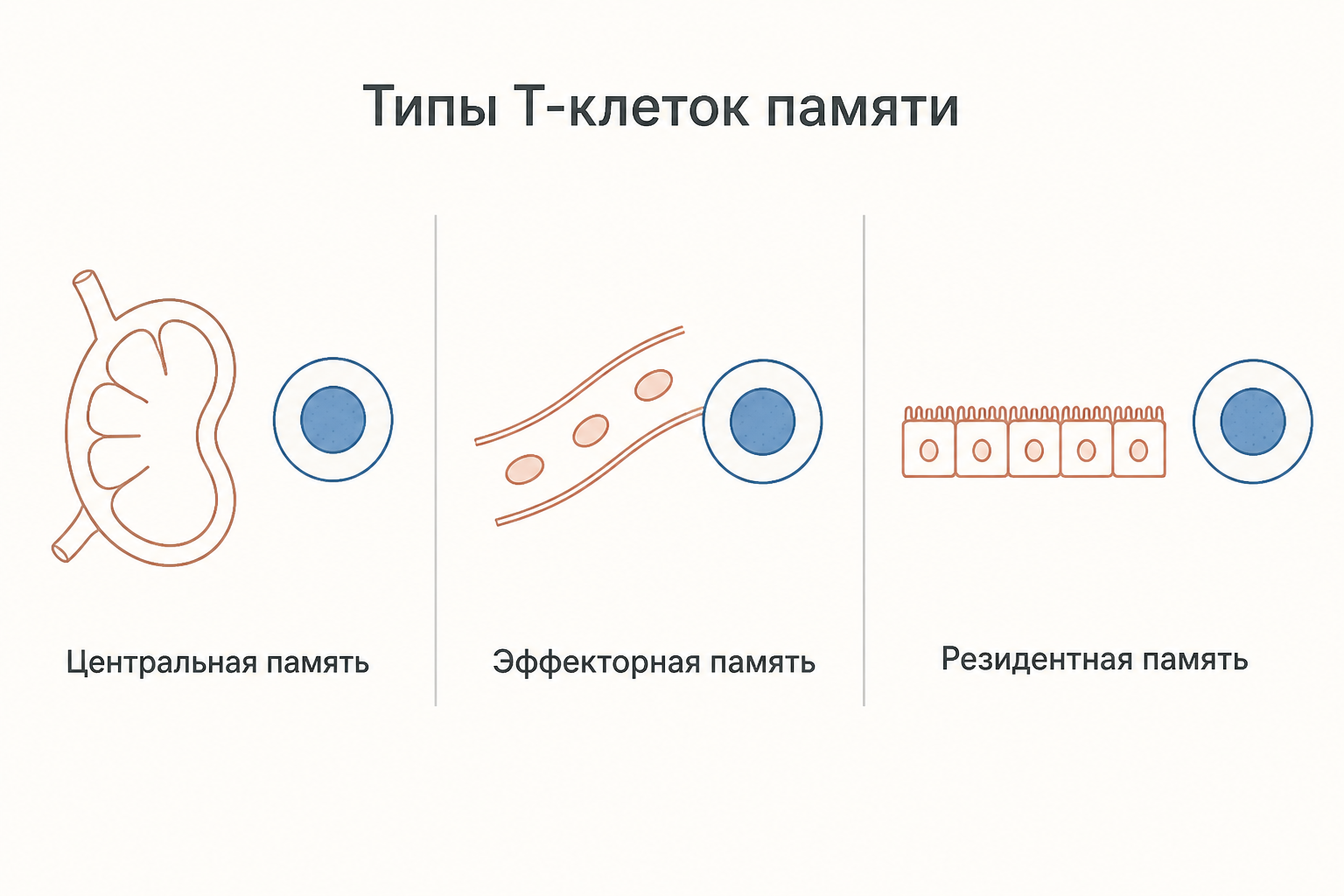 Типы Т-клеток памяти: центральные в лимфоузлах, эффекторные в крови, резидентные в тканях