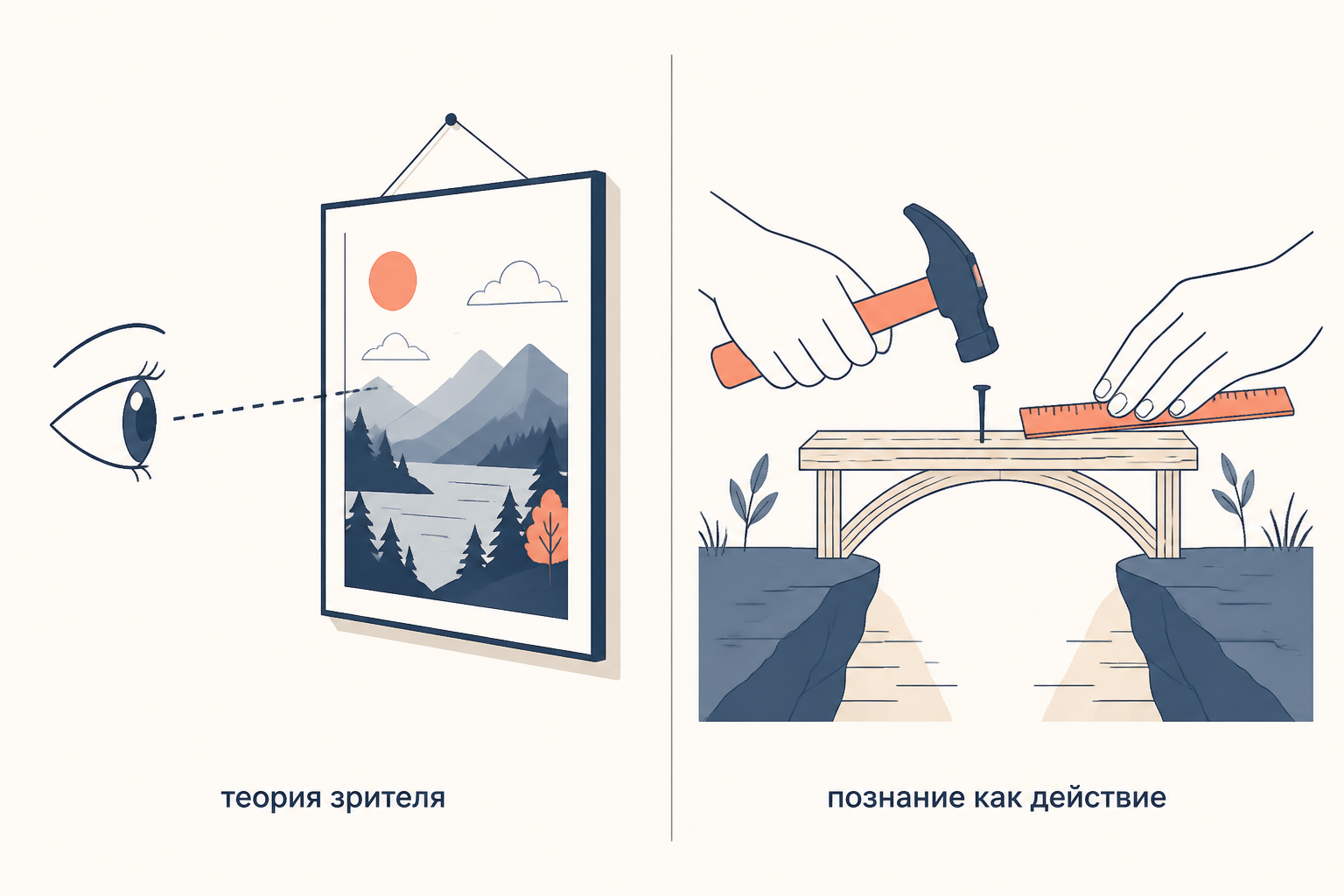 Слева глаз созерцает картину на стене как теория зрителя, справа руки молотком и линейкой чинят мост как познание через действие