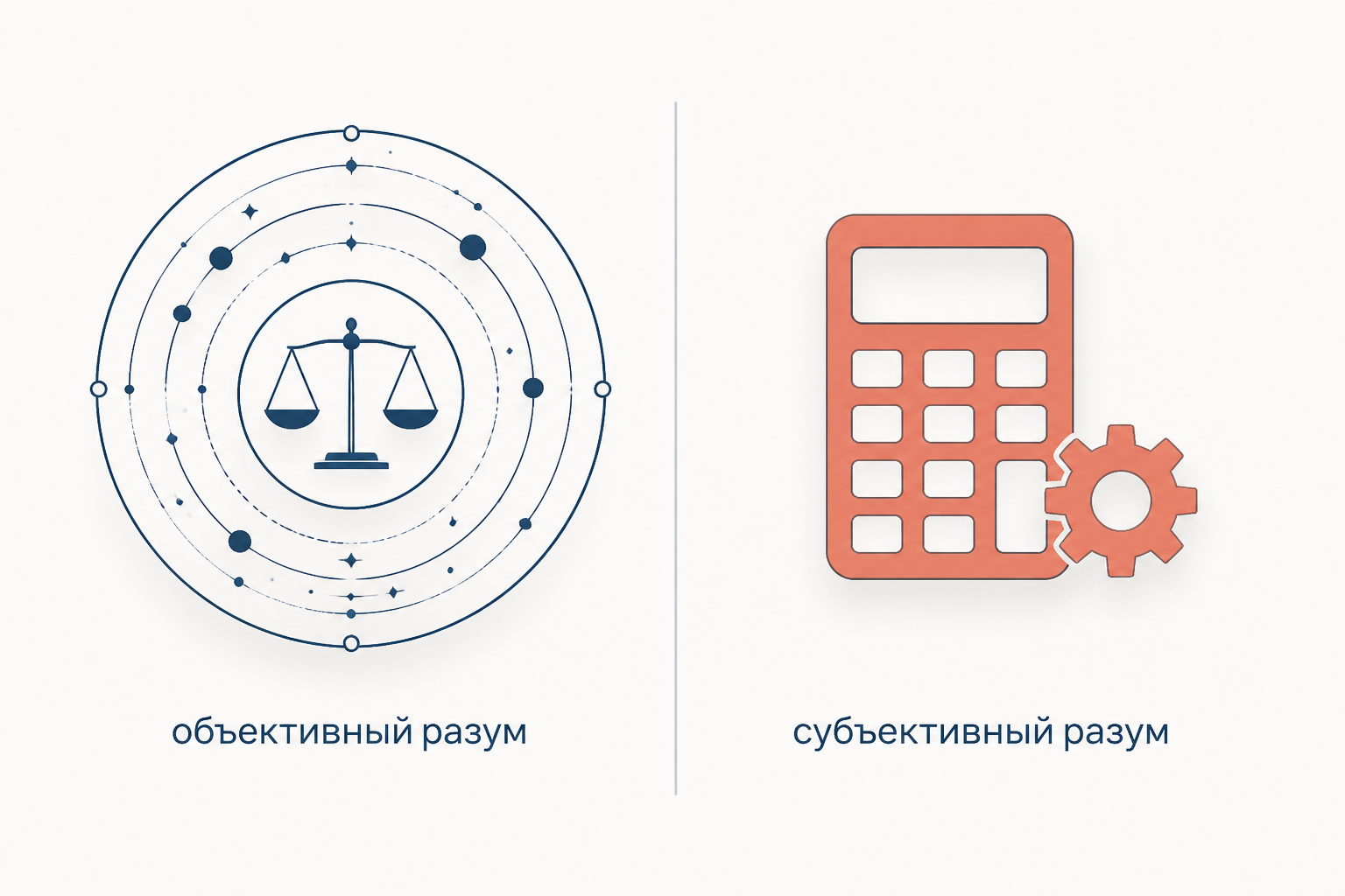 Слева объективный разум как упорядоченный космос с весами в центре, справа субъективный разум как калькулятор с шестерёнкой