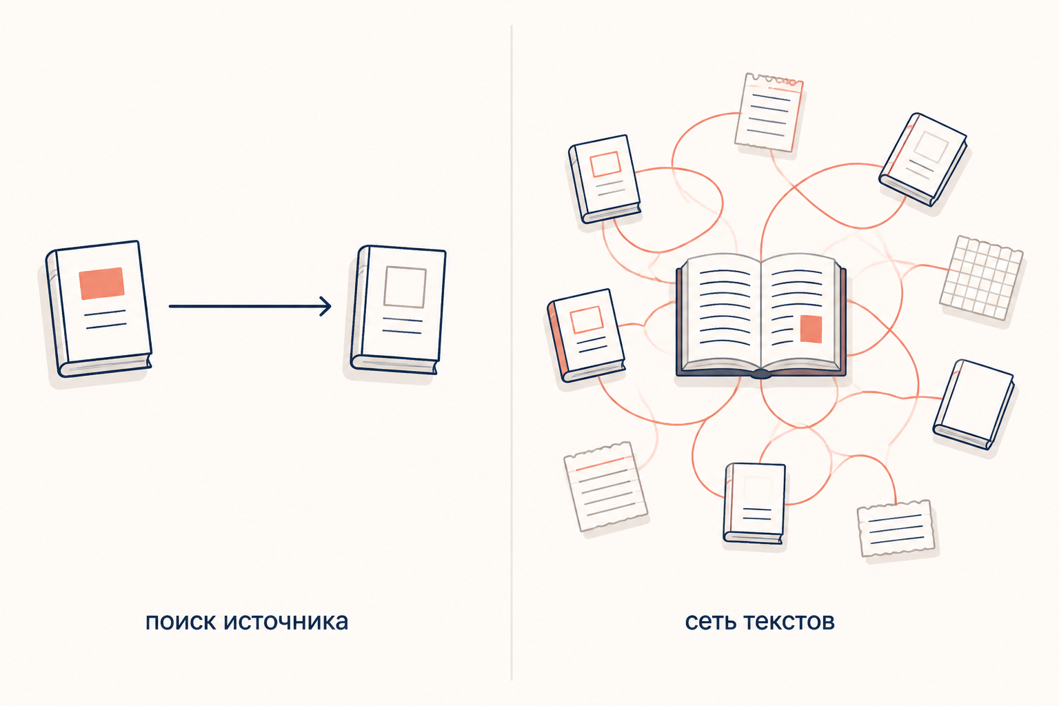 Слева цепочка «источник, затем текст», справа текст в сети перекличек с другими текстами без начальной точки