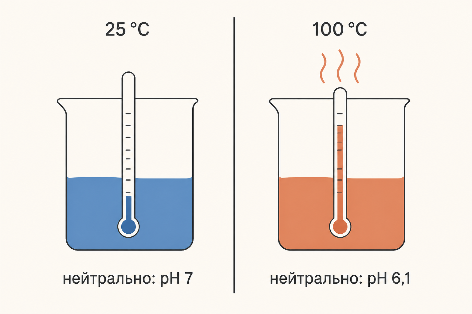 Два стакана воды: при 25 °C нейтральная вода имеет pH 7, при 100 °C нейтральная вода имеет pH около 6,1