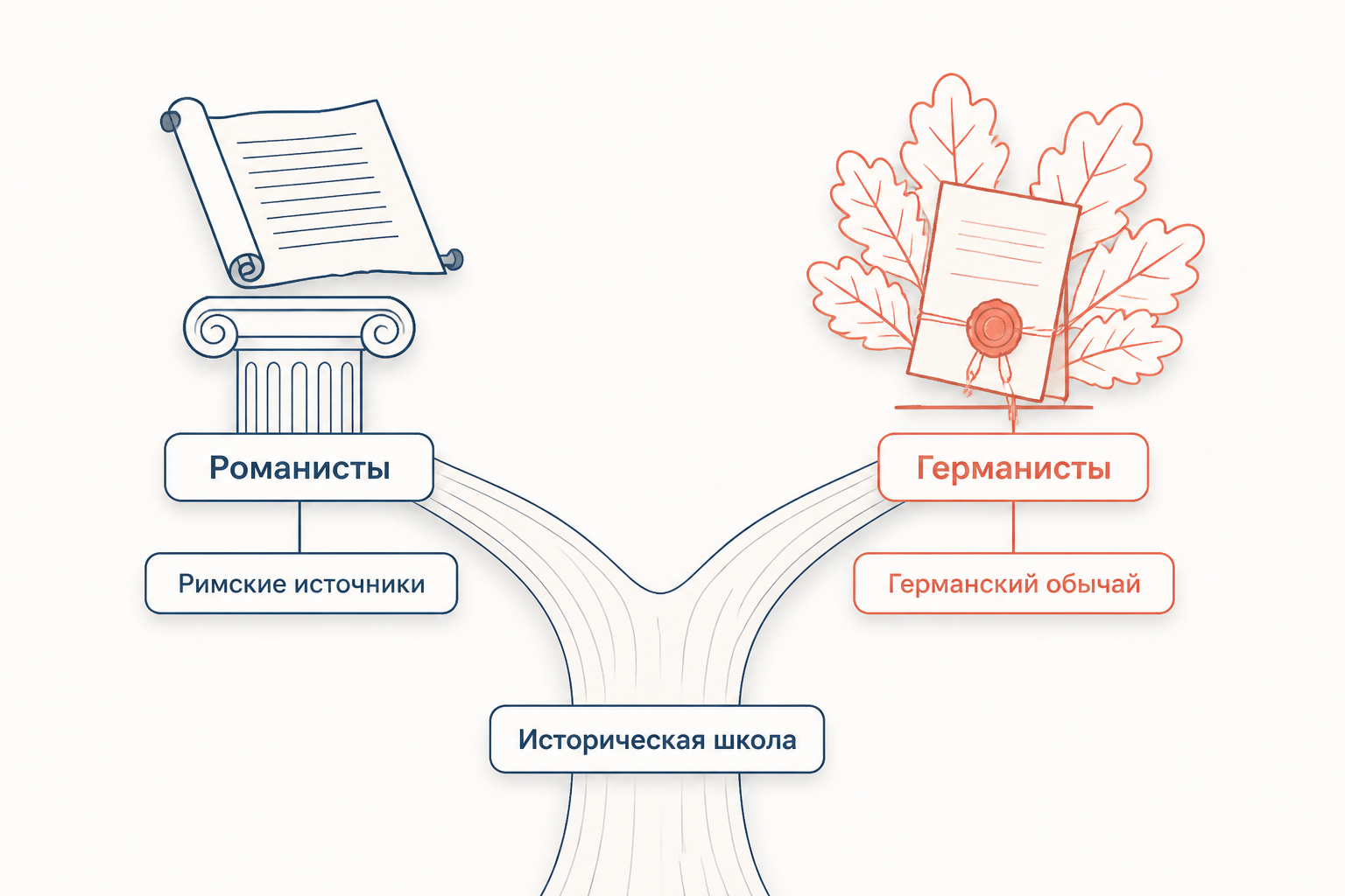 Историческая школа ветвится на романистов с римскими источниками и германистов с германским обычаем