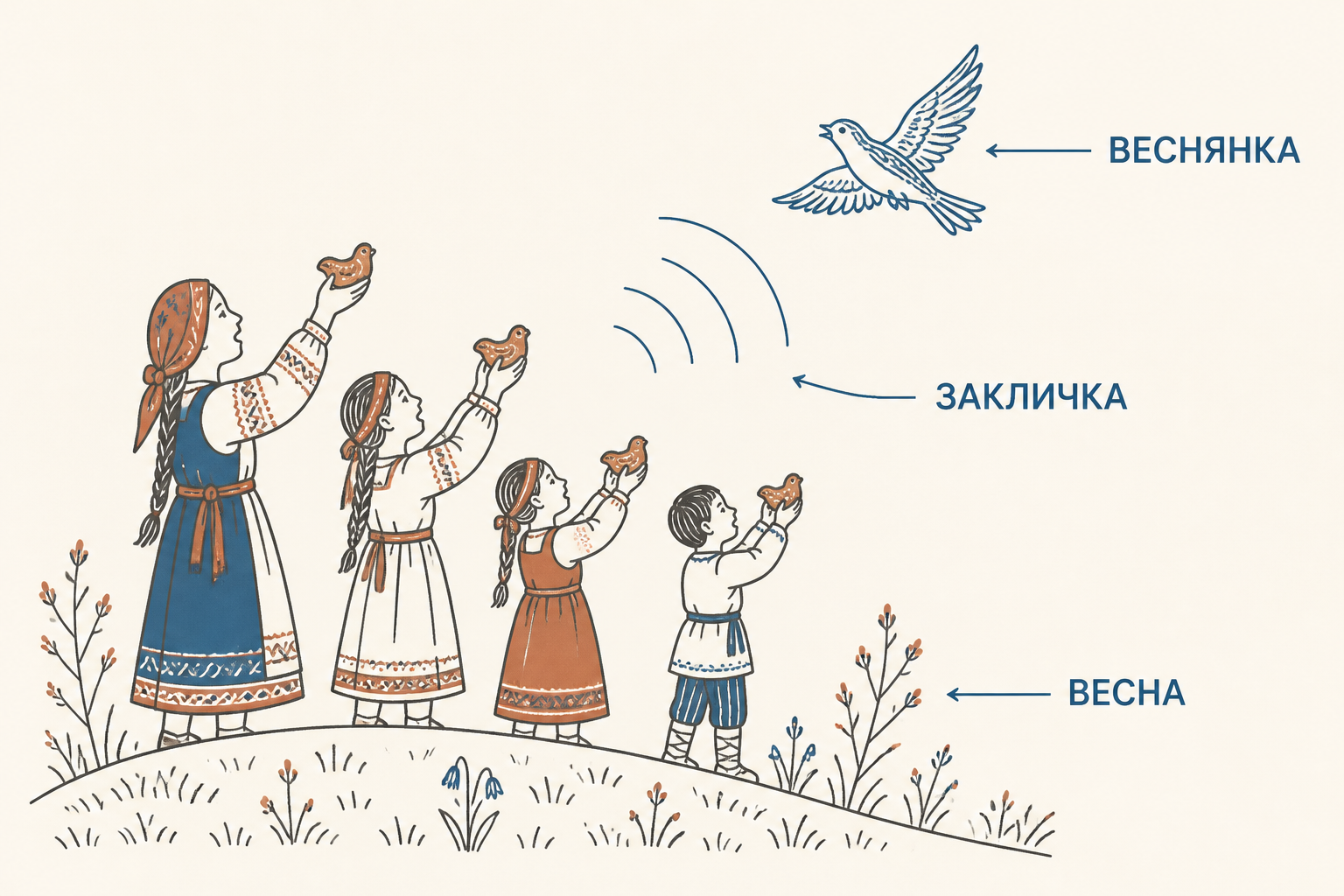 Девушки и дети на пригорке закликают весну, рядом птицы и фигурки жаворонков из теста