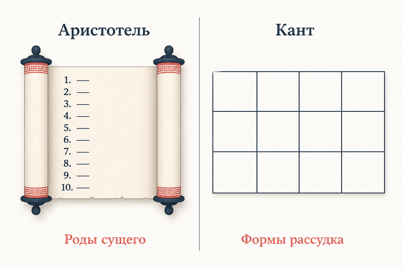 Сопоставление: список категорий Аристотеля как роды сущего и таблица Канта как формы рассудка