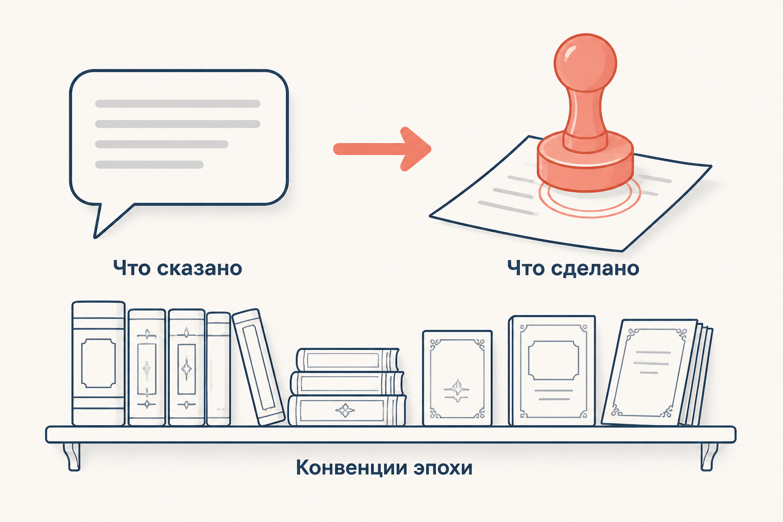 Схема речевого акта по Скиннеру: реплика в рамке слева, стрелка к действию справа, снизу полка книг эпохи
