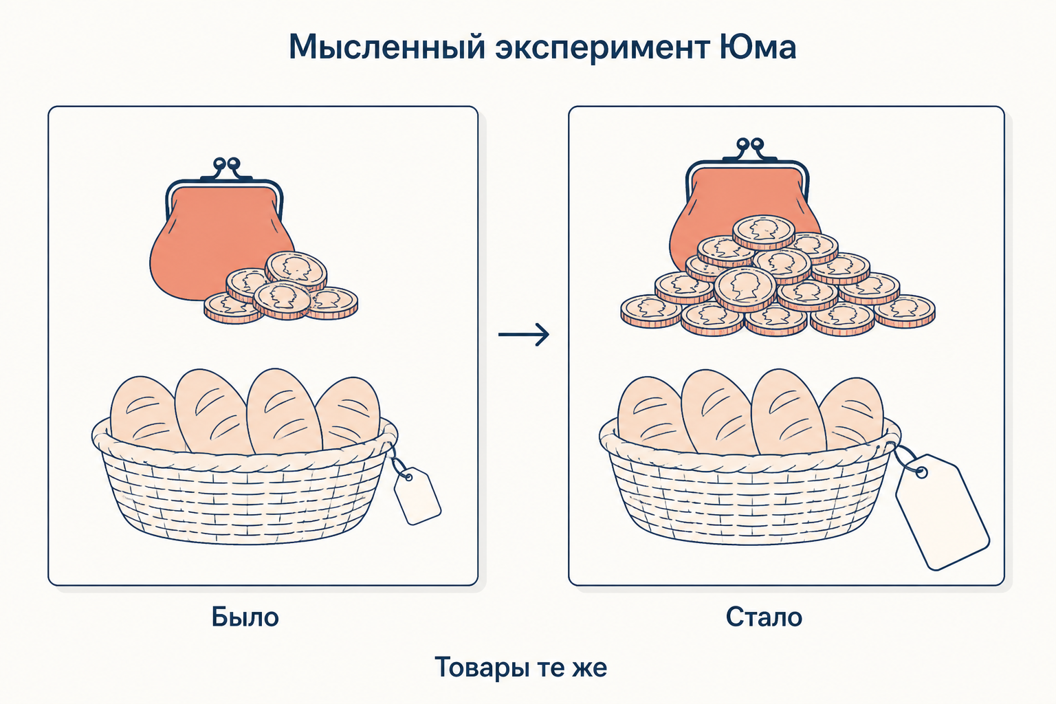 Мысленный эксперимент Юма: денег в кошельке стало больше, а корзина товаров осталась прежней, поэтому цены поднимаются пропорционально