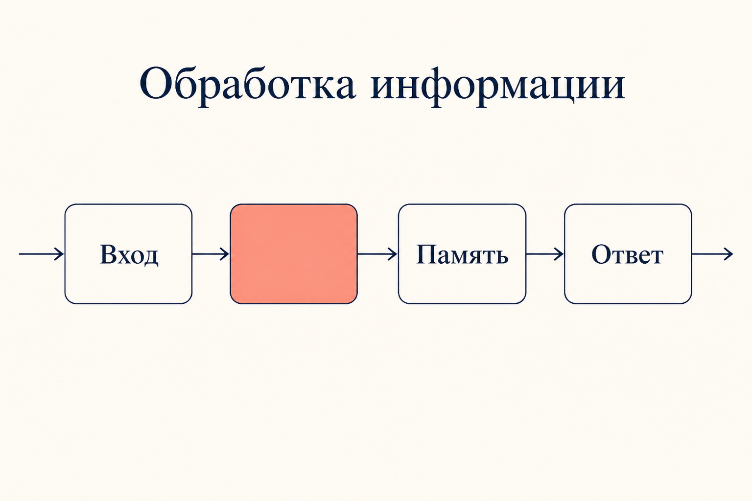 Цепочка переработки информации: вход, стадия обработки, память и ответ, соединённые стрелками в один поток