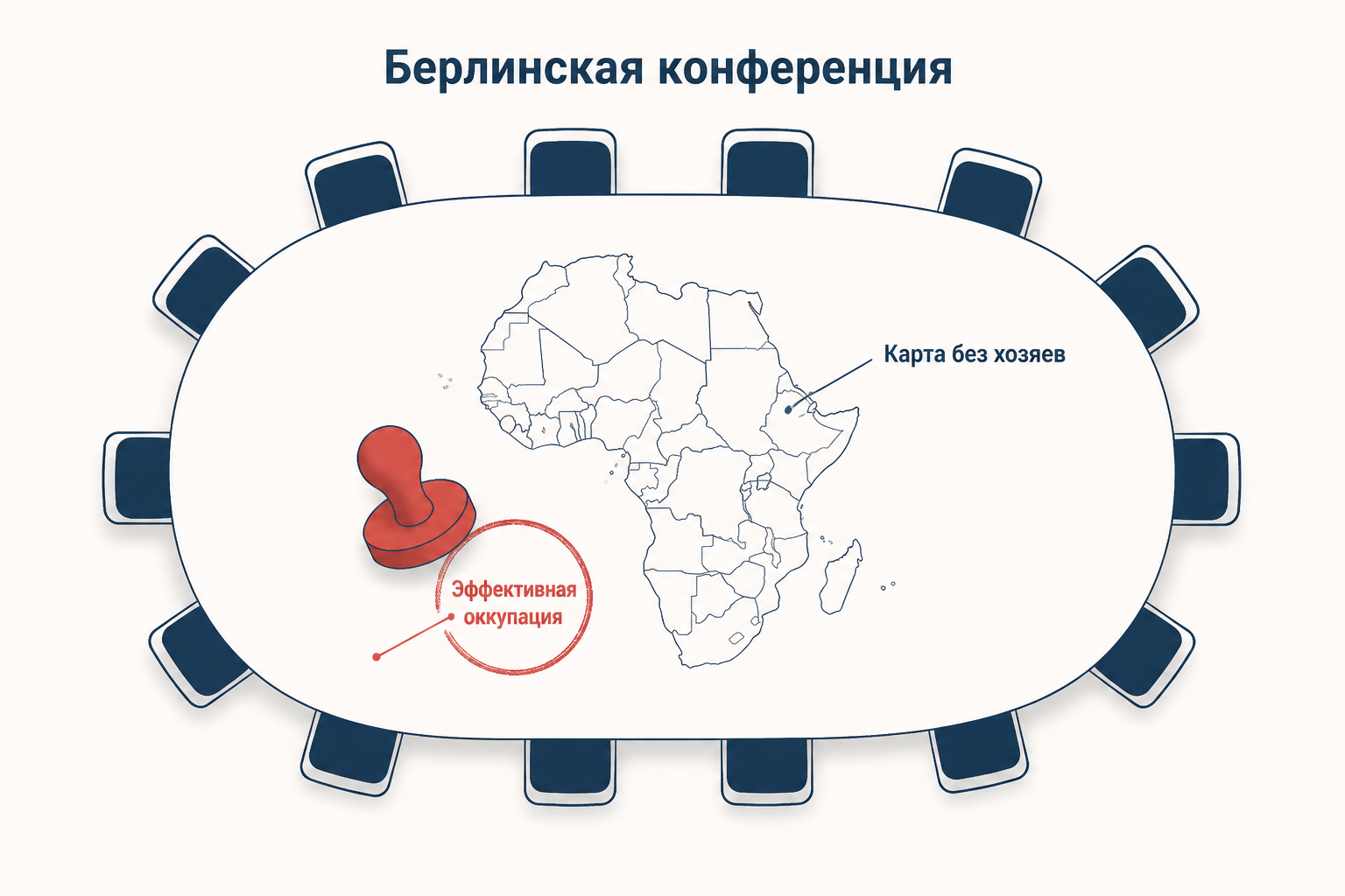 Пустой круглый стол Берлинской конференции с картой Африки и печатью эффективной оккупации