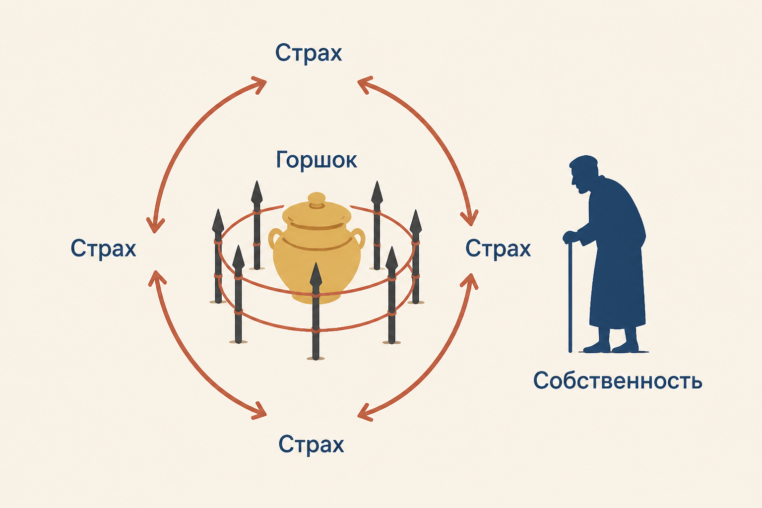 Спрятанный горшок с золотом и испуганный старик, ярлыки «Горшок», «Страх», «Тайна»