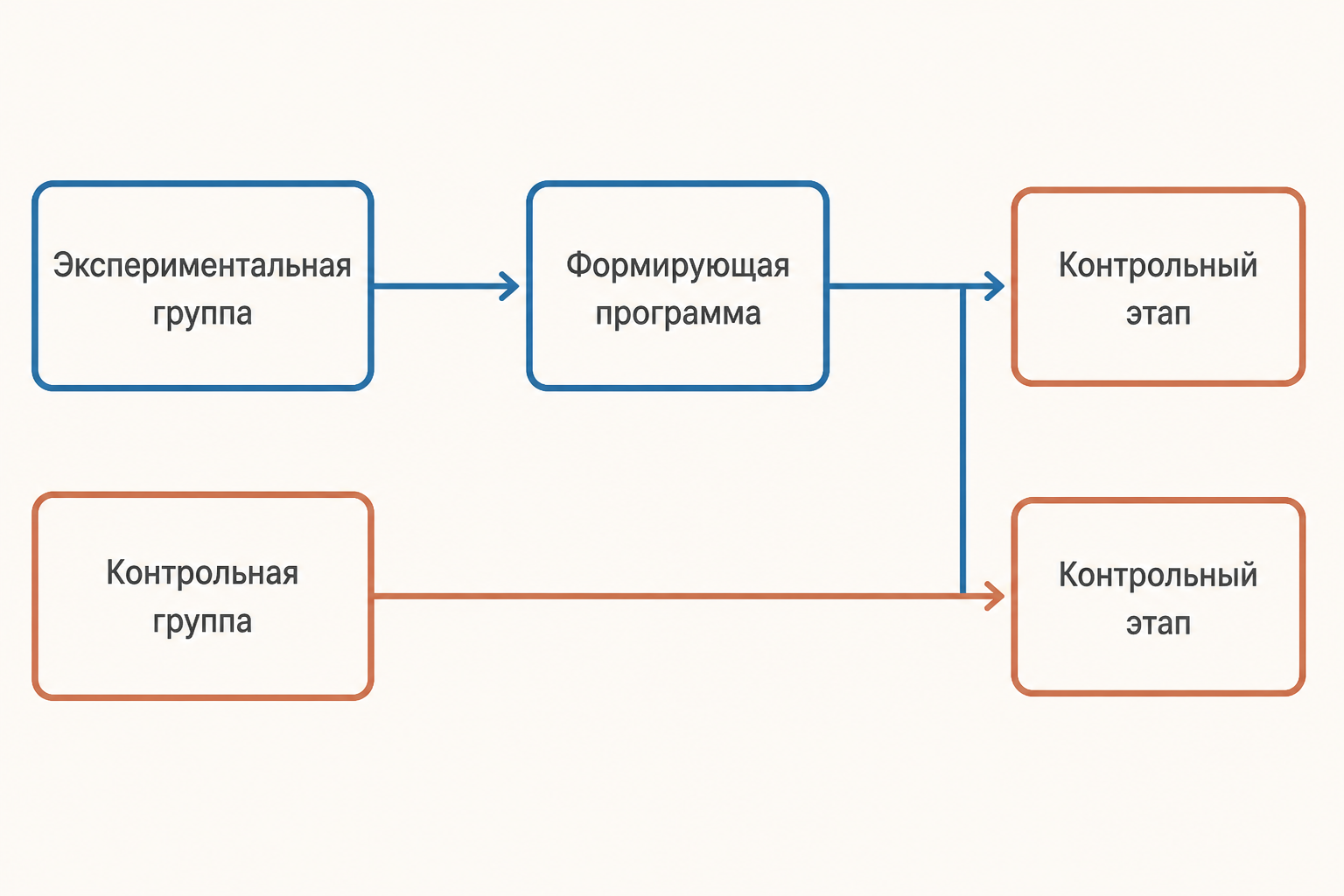 Формирующая программа: воздействие проходит только в экспериментальной группе, затем обе группы сравниваются на контрольном этапе