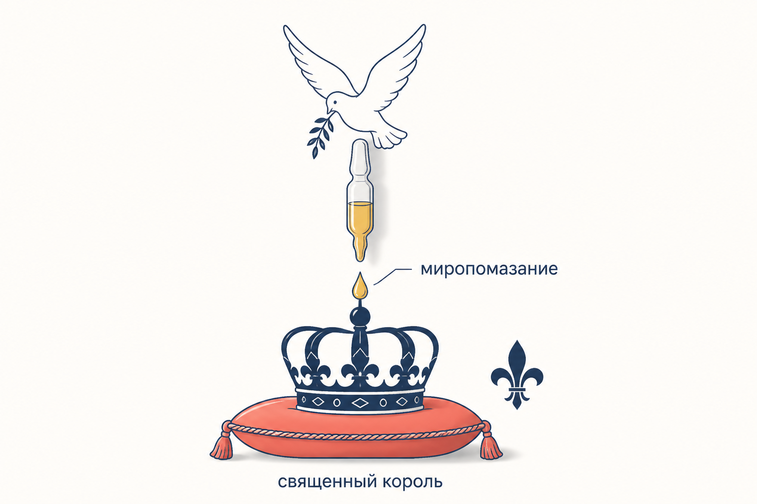 Голубь над стеклянным сосудом, из которого капля елея падает на корону на коралловой подушке; подписи «миропомазание» и «священный король» показывают, откуда брался дар исцеления