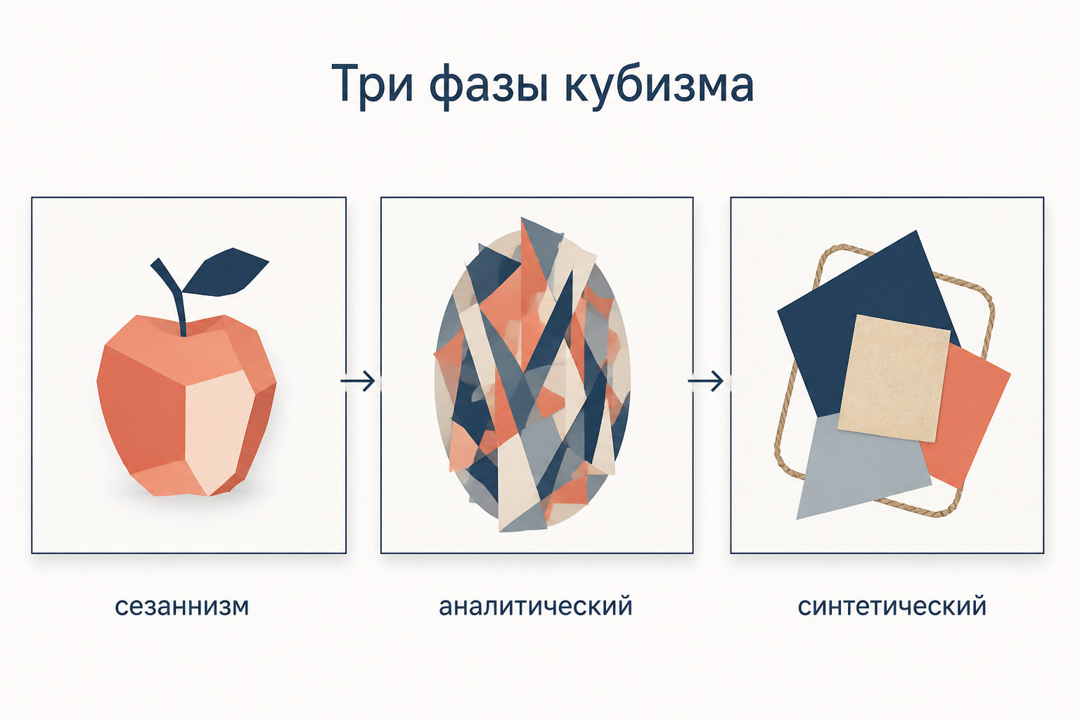 Три фазы кубизма: сезаннизм, аналитическая разборка формы и синтетическая сборка с коллажем