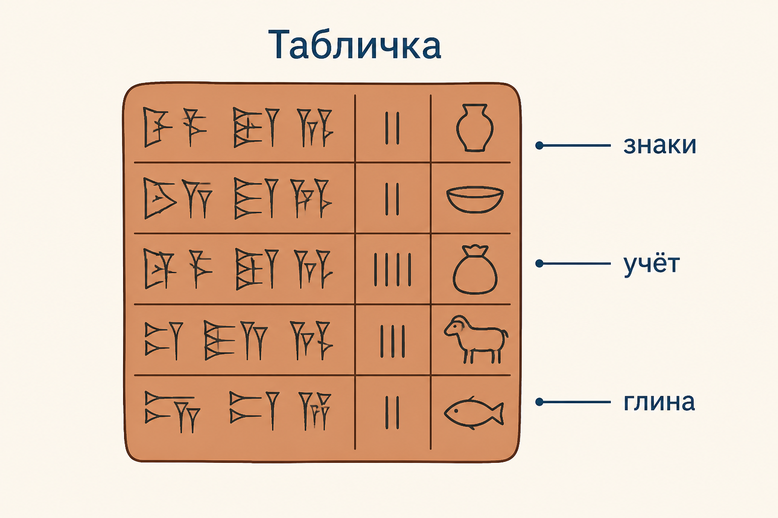 Глиняная табличка с условными знаками линейного письма А, разделителями и группами учётных знаков