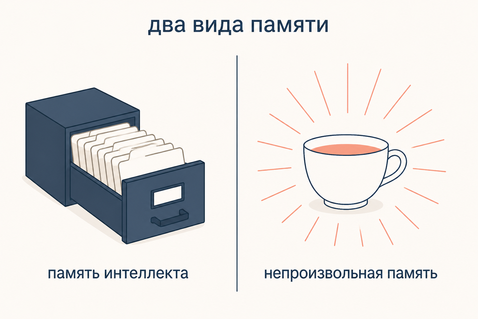 Слева картотека произвольной памяти с пустыми карточками, справа чашка чая, от которой расходится вспышка воспоминания
