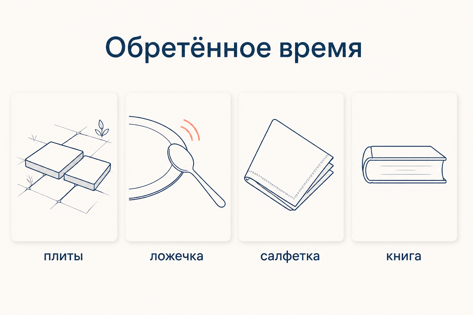 Четыре предмета в ряд: неровные плиты, ложечка у тарелки, накрахмаленная салфетка и переплёт книги