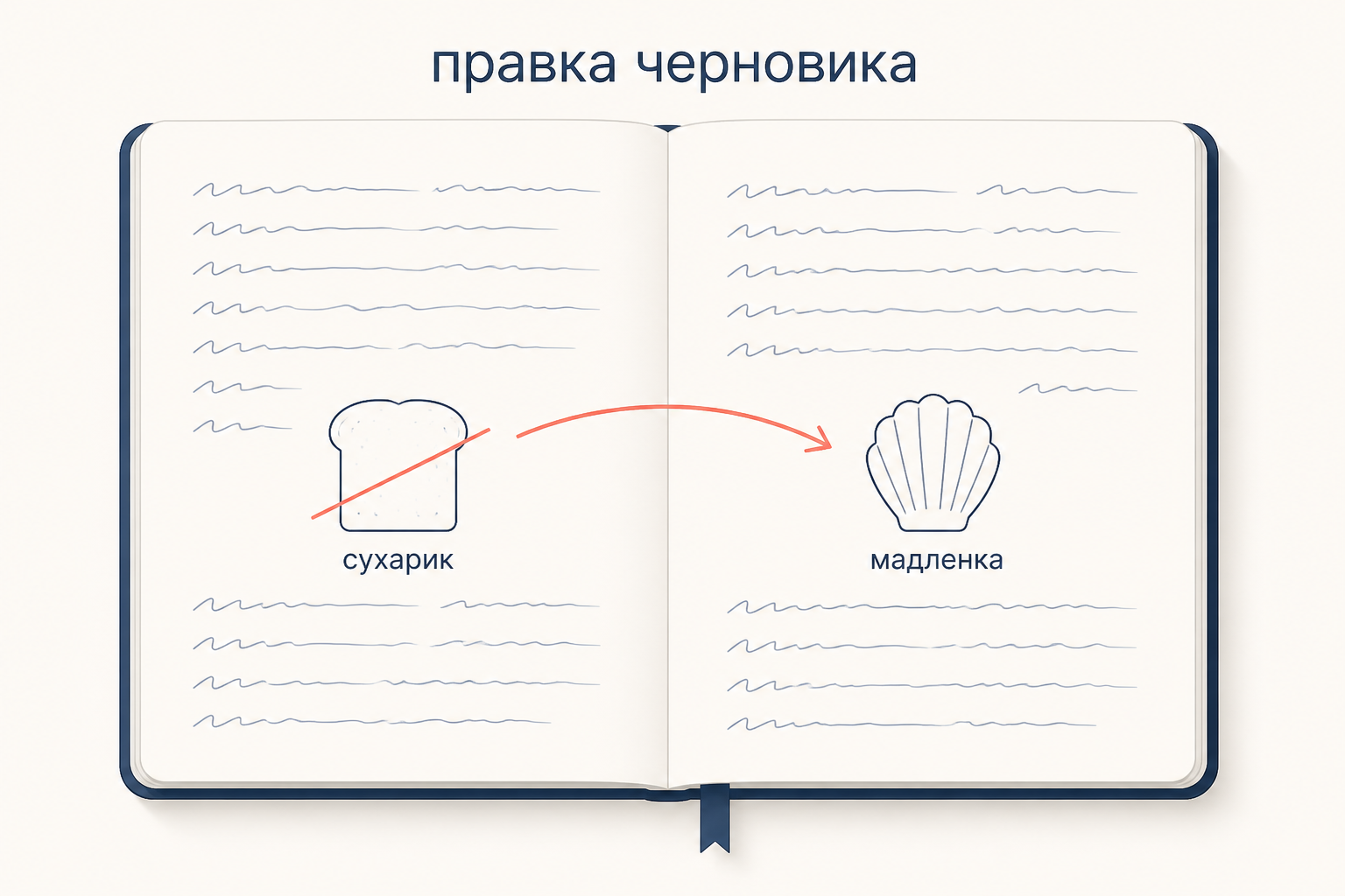 Раскрытая тетрадь: зачёркнутый ломтик поджаренного хлеба и вписанная рядом мадленка со стрелкой правки