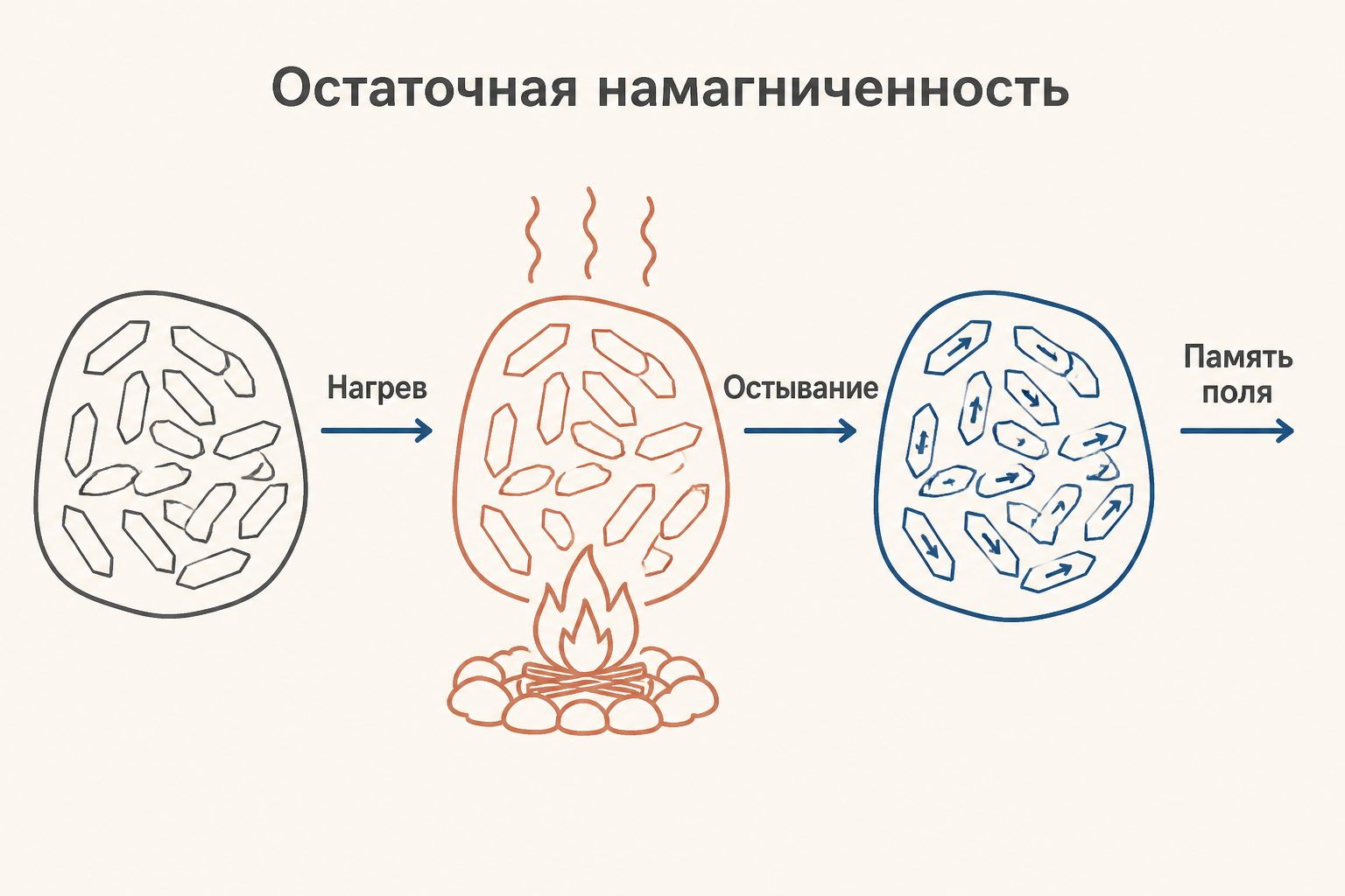 Схема возникновения остаточной намагниченности в обожжённой глине: нагрев, остывание и сохранение направления магнитного поля