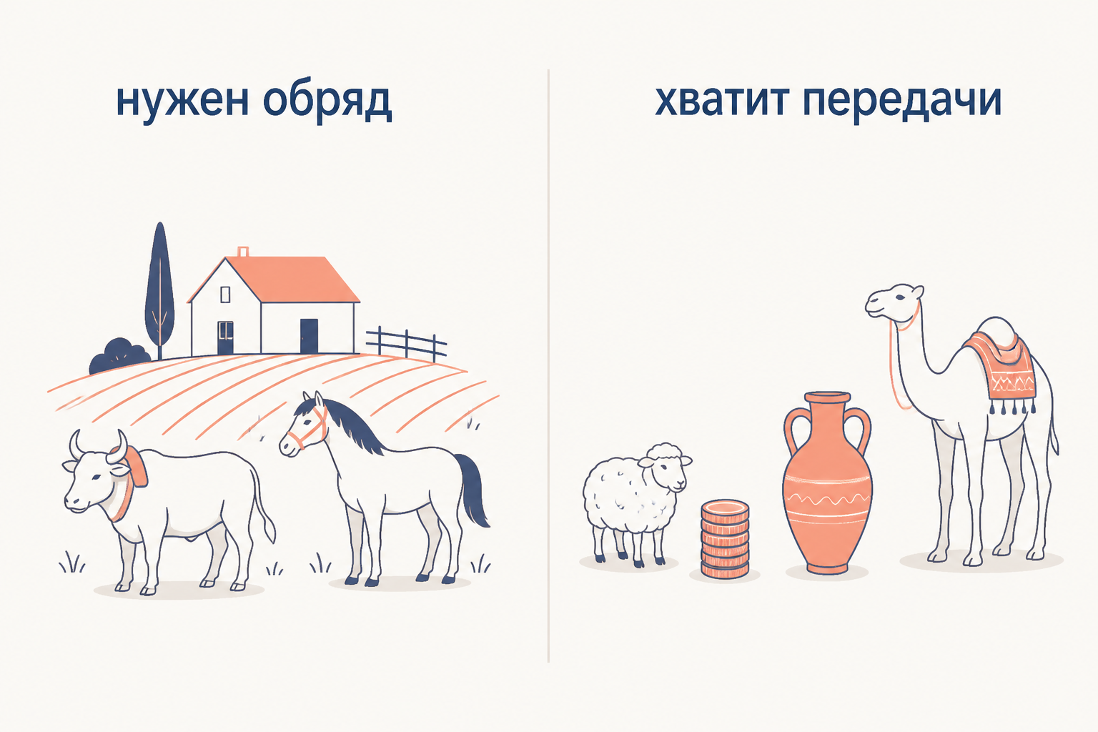 Сравнение двух групп вещей: для земли, волов и лошадей нужен обряд манципации, для овец, монет, амфоры и верблюда хватит простой передачи