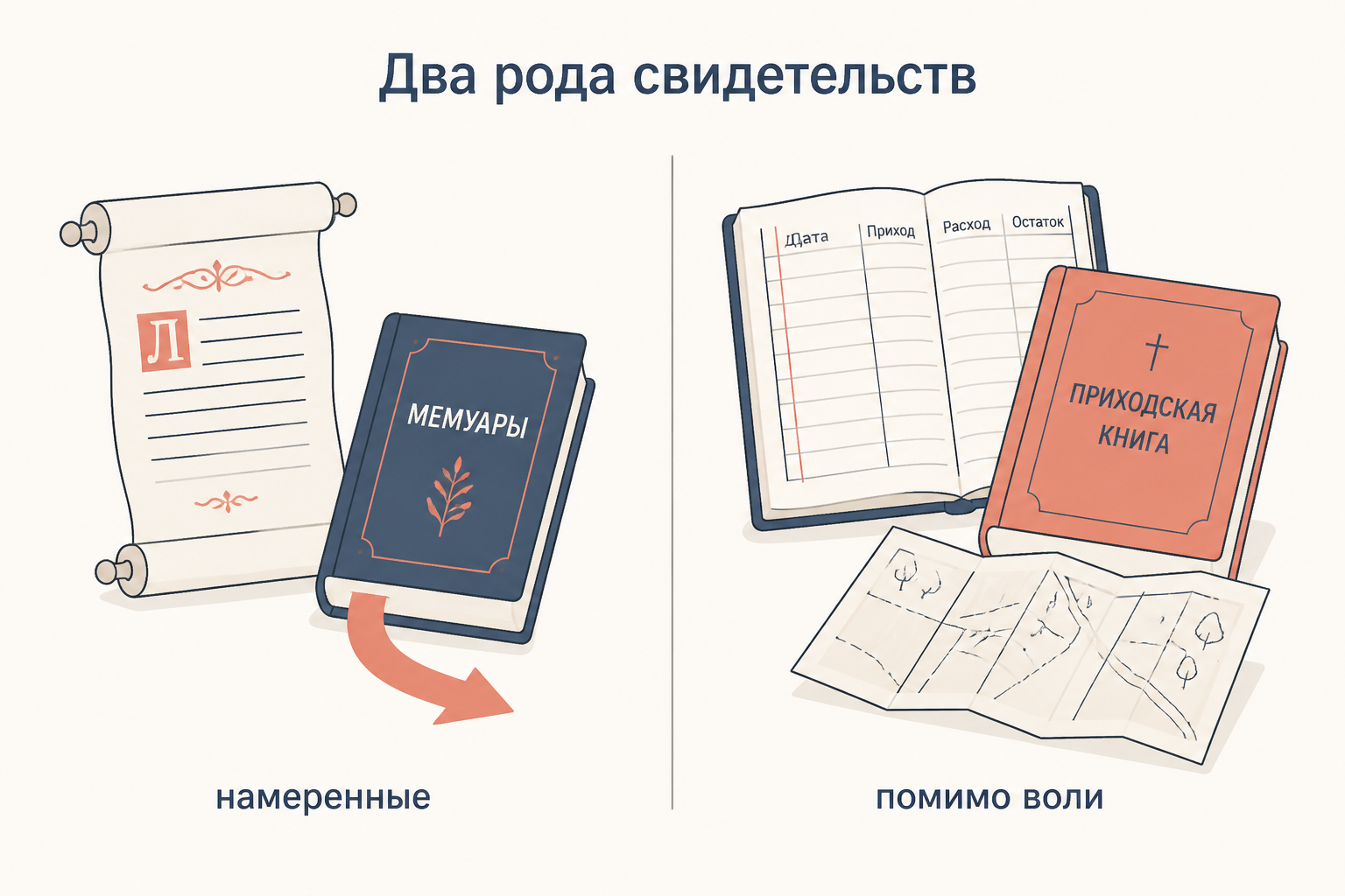 Два рода свидетельств: слева хроника и мемуары, справа счётная книга, метрический регистр и план поля