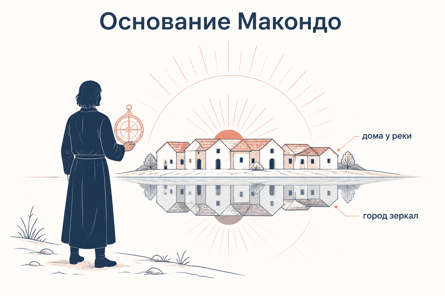 Основание Макондо: Хосе Аркадио Буэндиа со своей астролябией перед глинобитными домами у реки и их отражением, зеркальным городом из сна